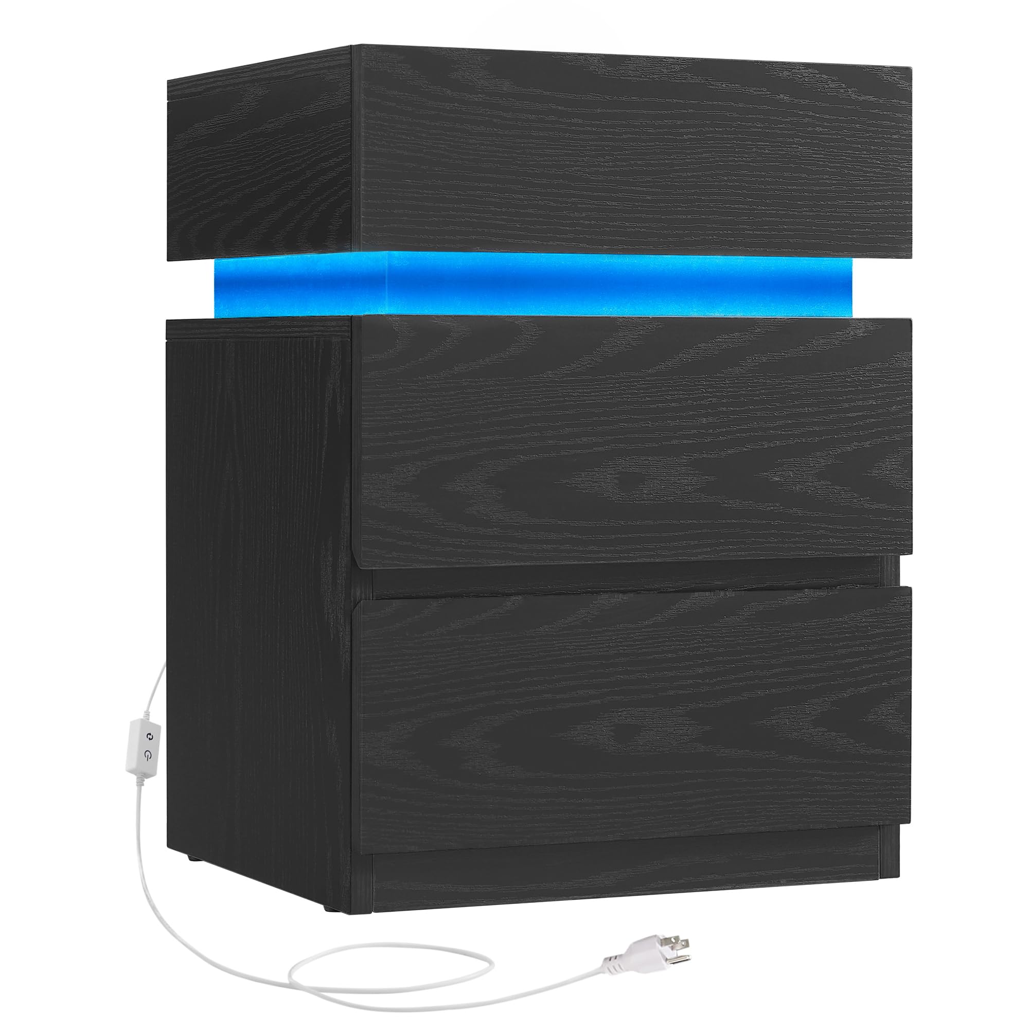 VASAGLE KAILYN Bedside Table with LED Lights - 3 Drawers, Ebony Black