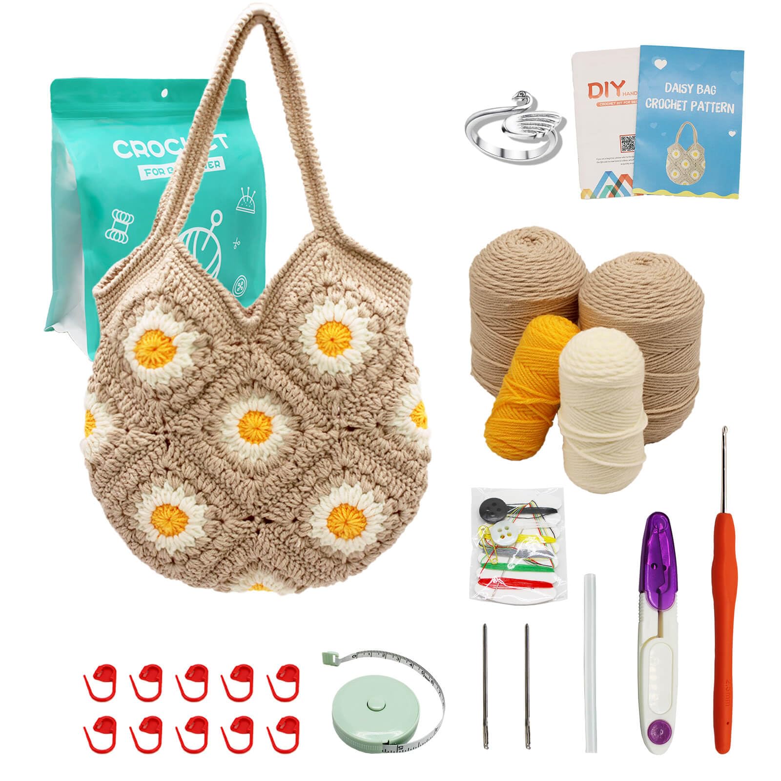 Uongeod Granny Square Crochet Kit for Beginners - Daisy Tote Bag DIY Set