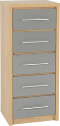 Seconique Seville 5 Drawer Narrow Chest - Grey Gloss & Light Oak