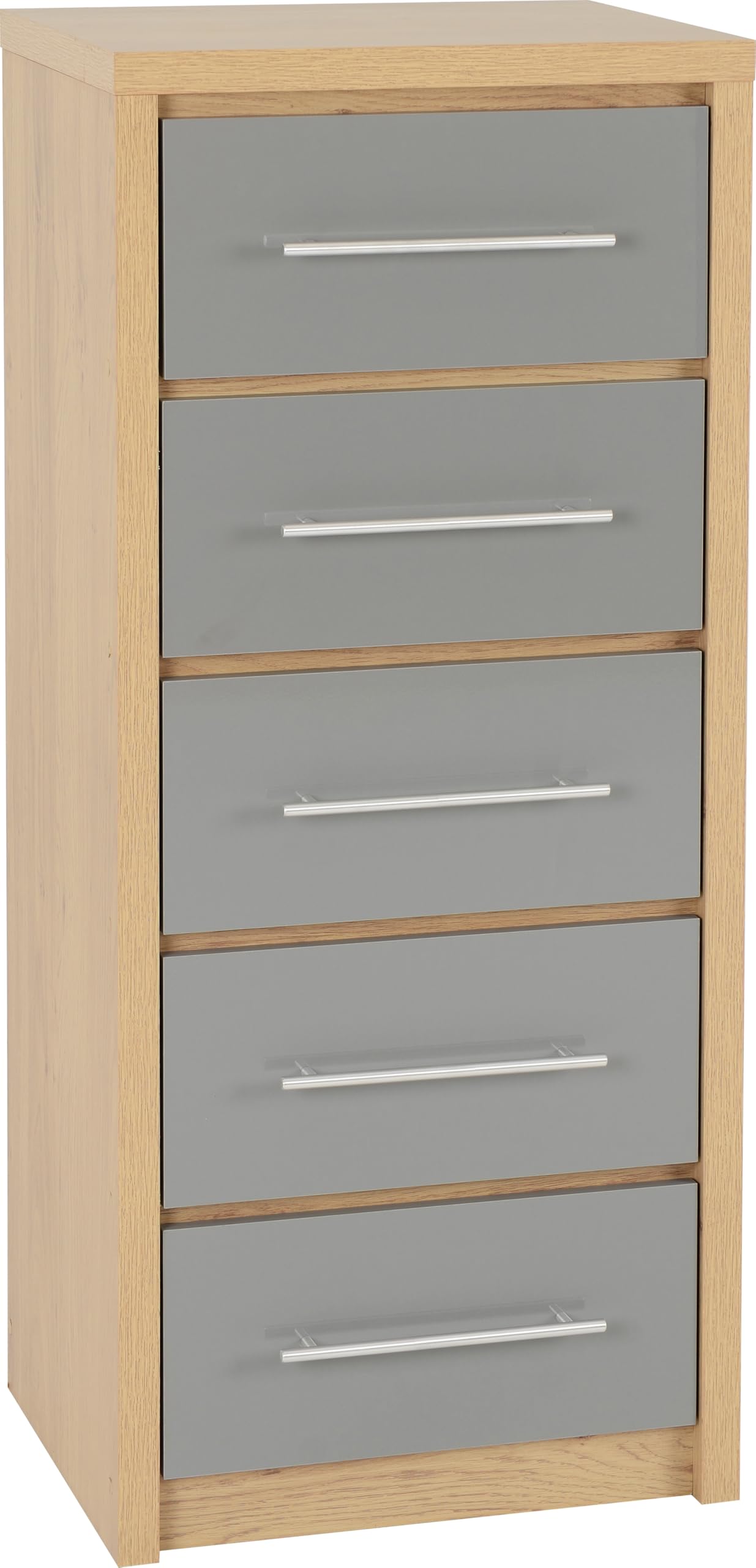 Seconique Seville 5 Drawer Narrow Chest - Grey Gloss & Light Oak