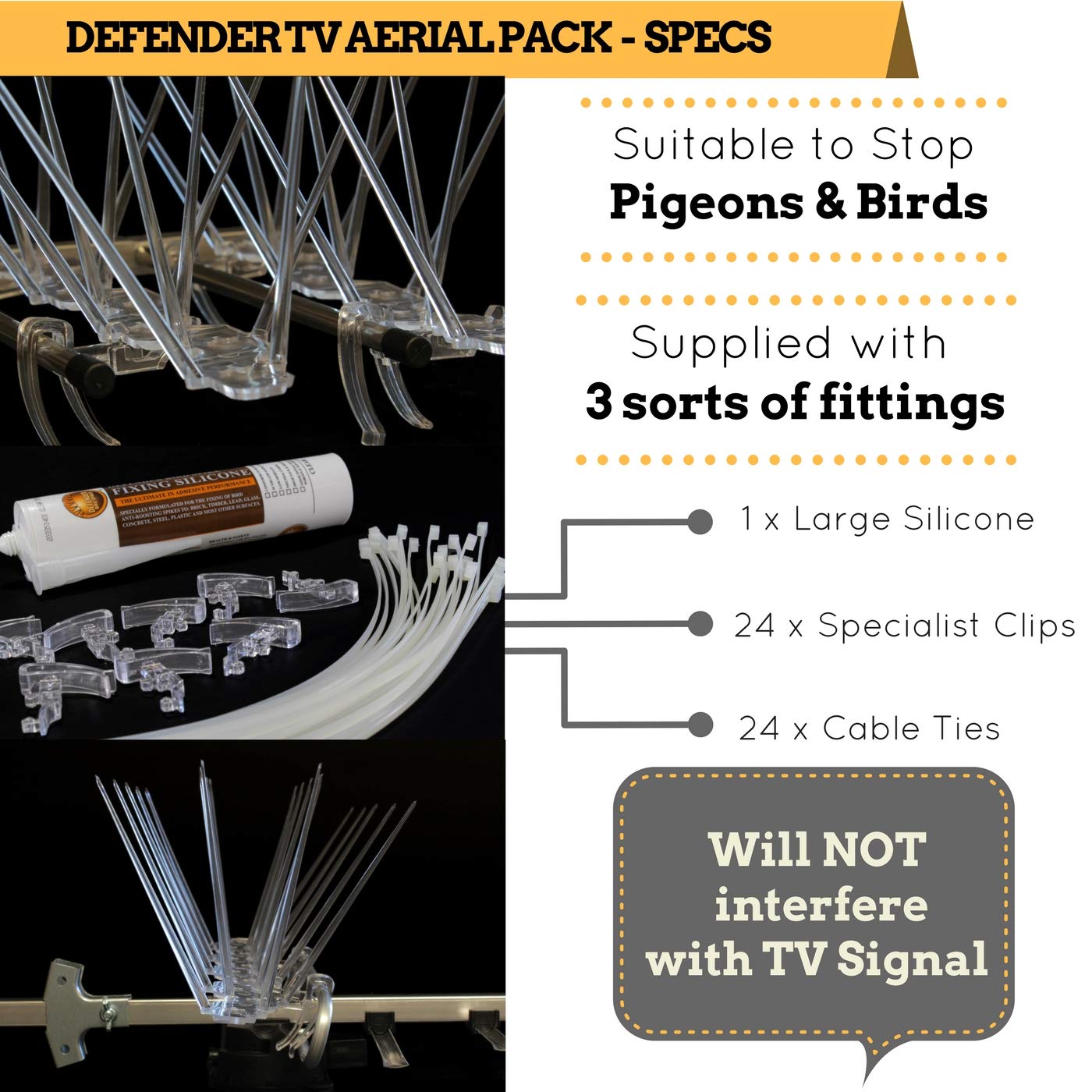 Defender Bird Spikes TV Aerial Pack - 3m Pigeon Deterrent with Glue