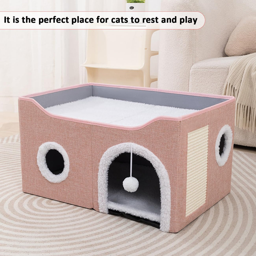 ERNAN Foldable Cat House – Large Indoor Cave Bed with Scratching Board