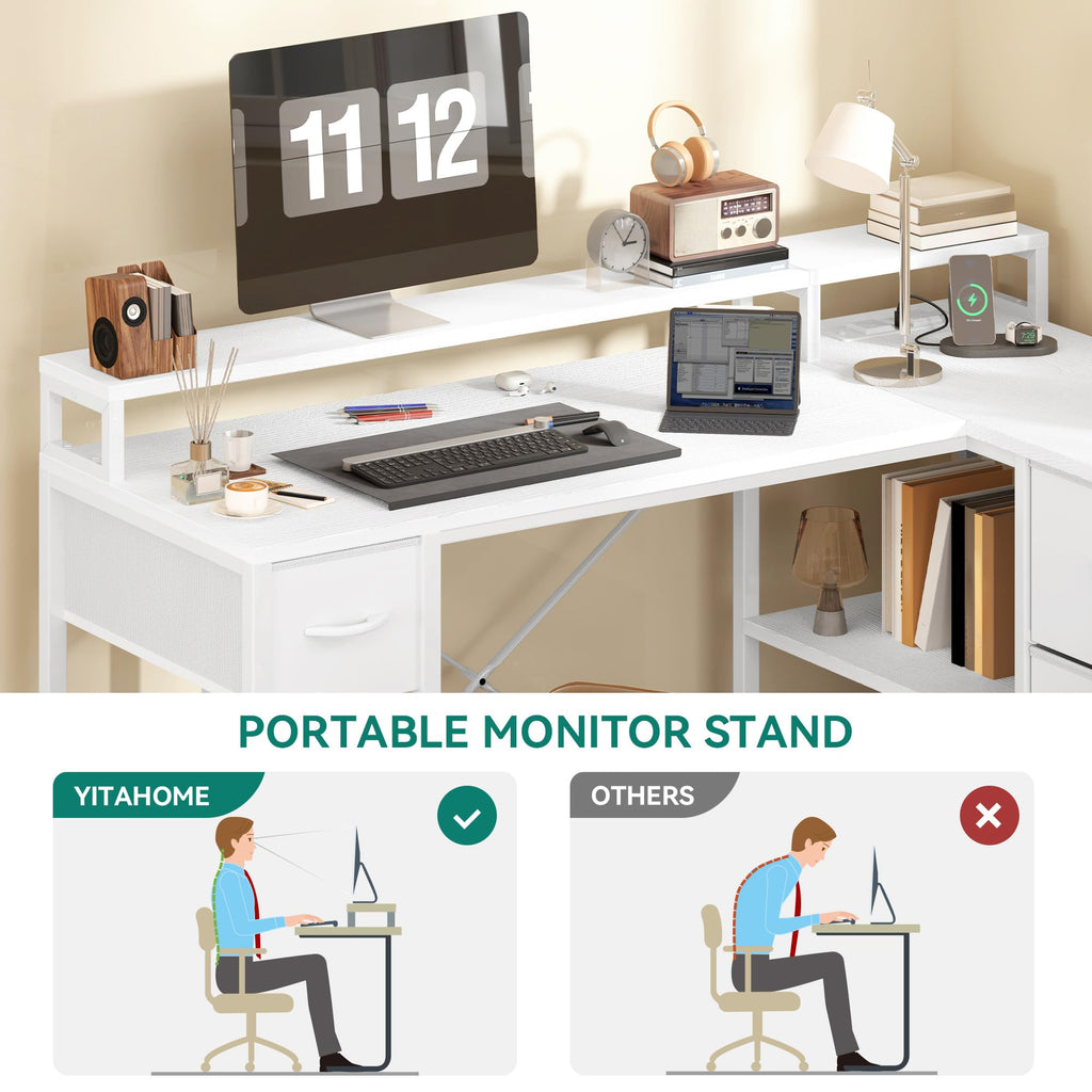 YITAHOME L Shaped Computer Desk with Drawers Power Outlet 140cm White - image 5