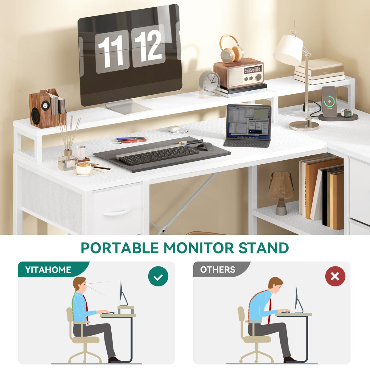 YITAHOME L Shaped Computer Desk with Drawers Power Outlet 140cm White - image 5
