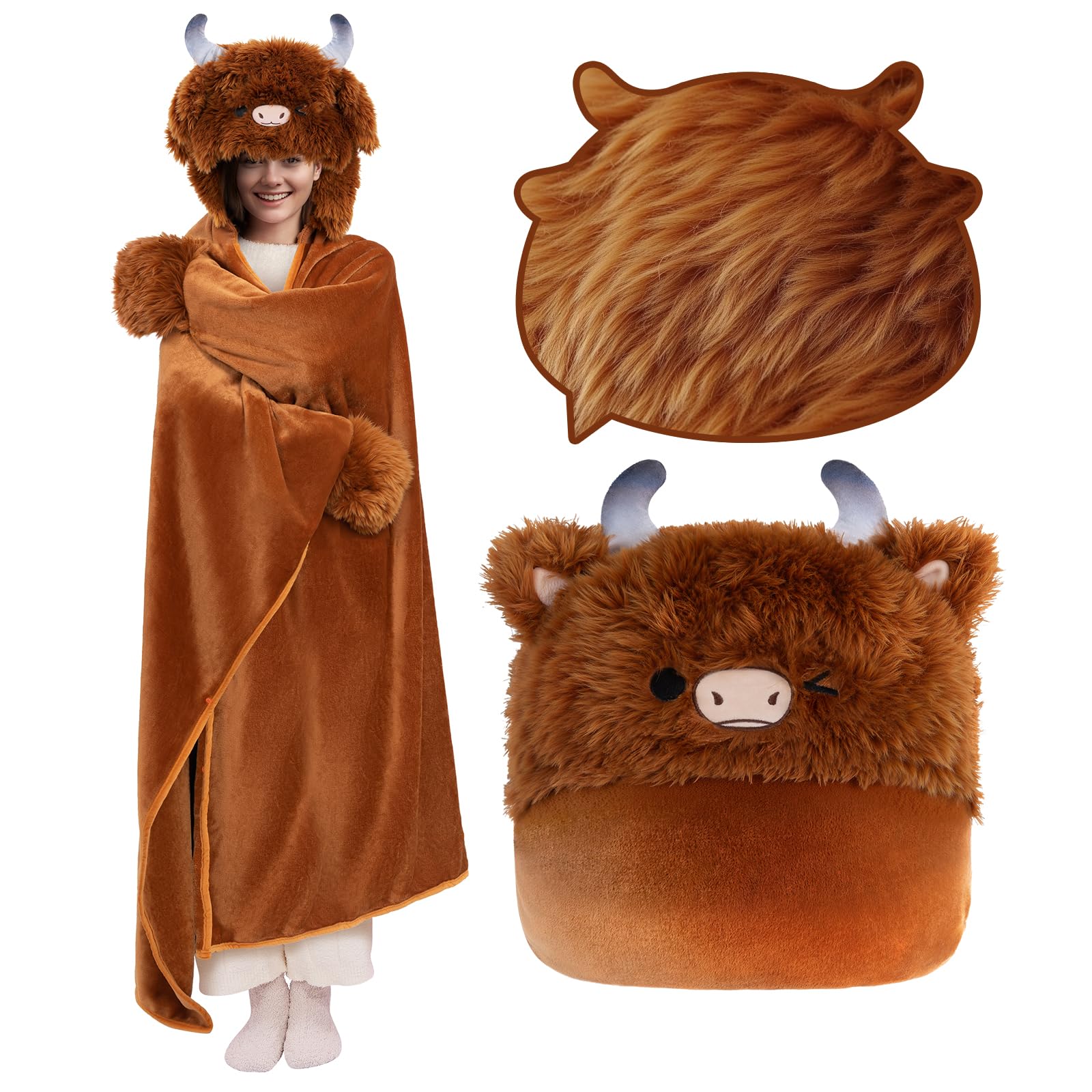 Mewaii Highland Cow Wearable Blanket Hoodie – Plush Flannel Cloak