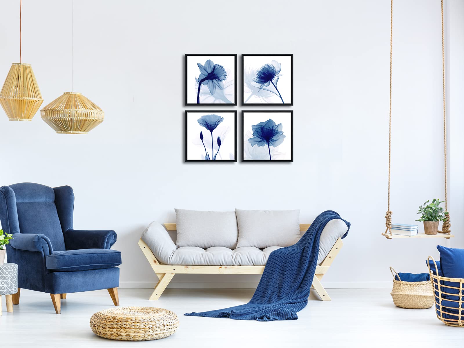 Wieco Art Blue Flickering Flower Framed Canvas Wall Art - 4 Panels