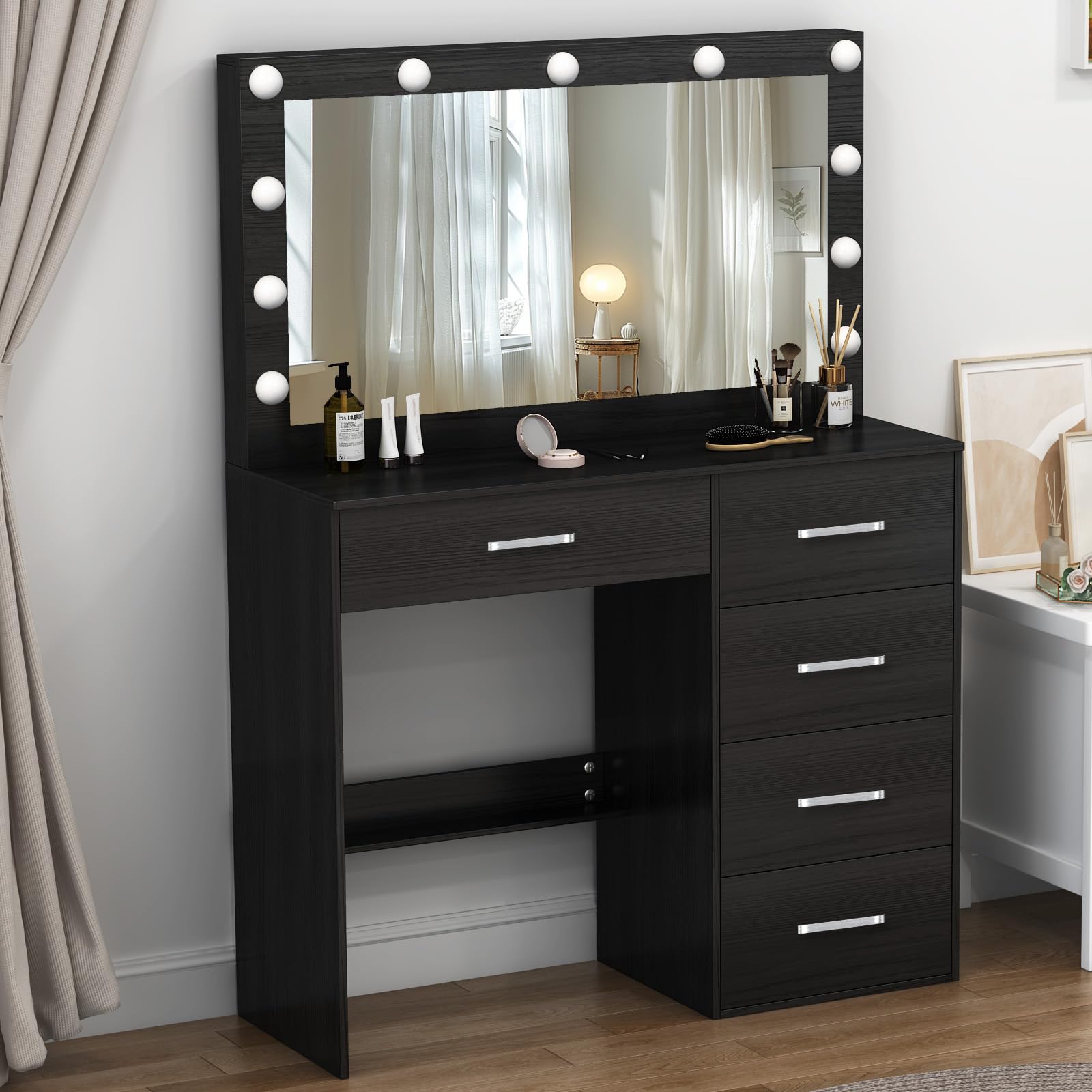 Buildonely Vanity Table with LED Mirror | 5 Drawers Modern Makeup Desk