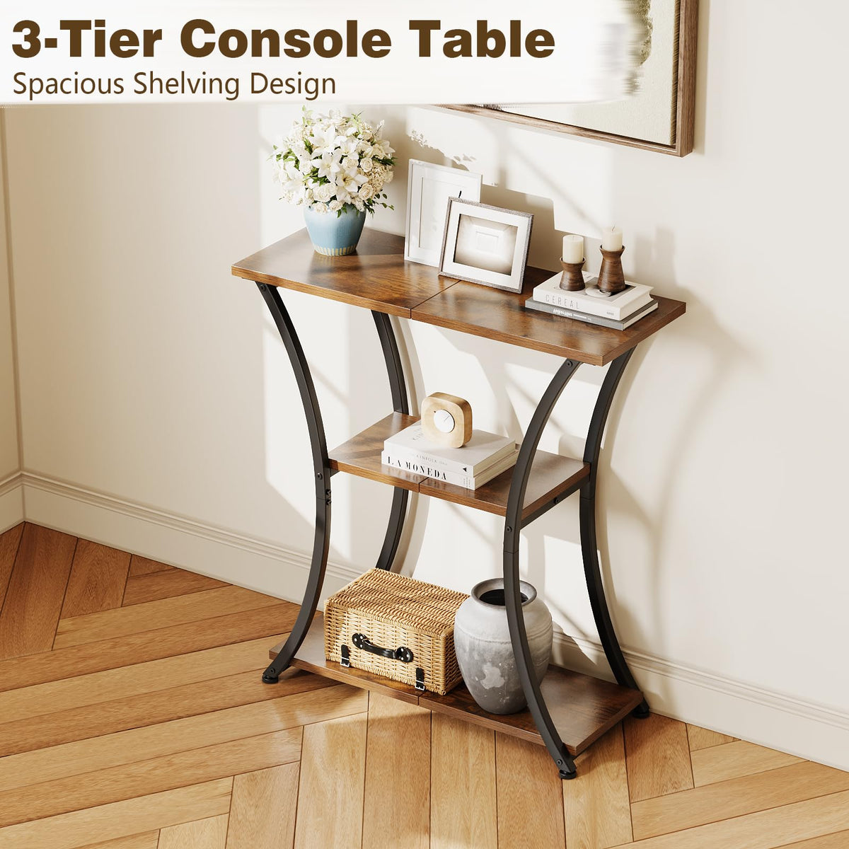 Trironsun Rustic Narrow Console Table with 3 Tiers, Slim Hallway Table with Curved Metal Frame and Open Shelves - image 2