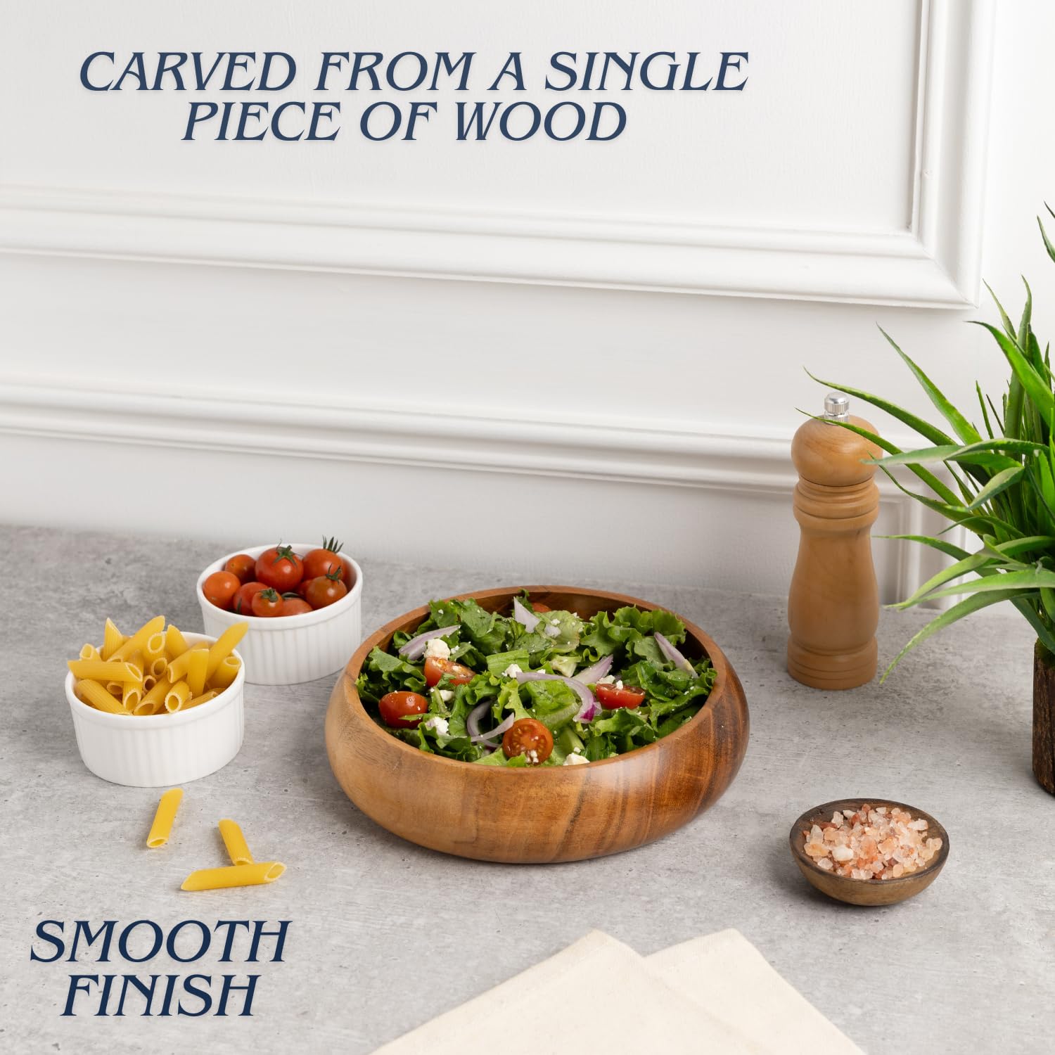 Lavaux Designs Acacia Wood Bowls - Set of 4 Jointless Salad & Pasta Bowls
