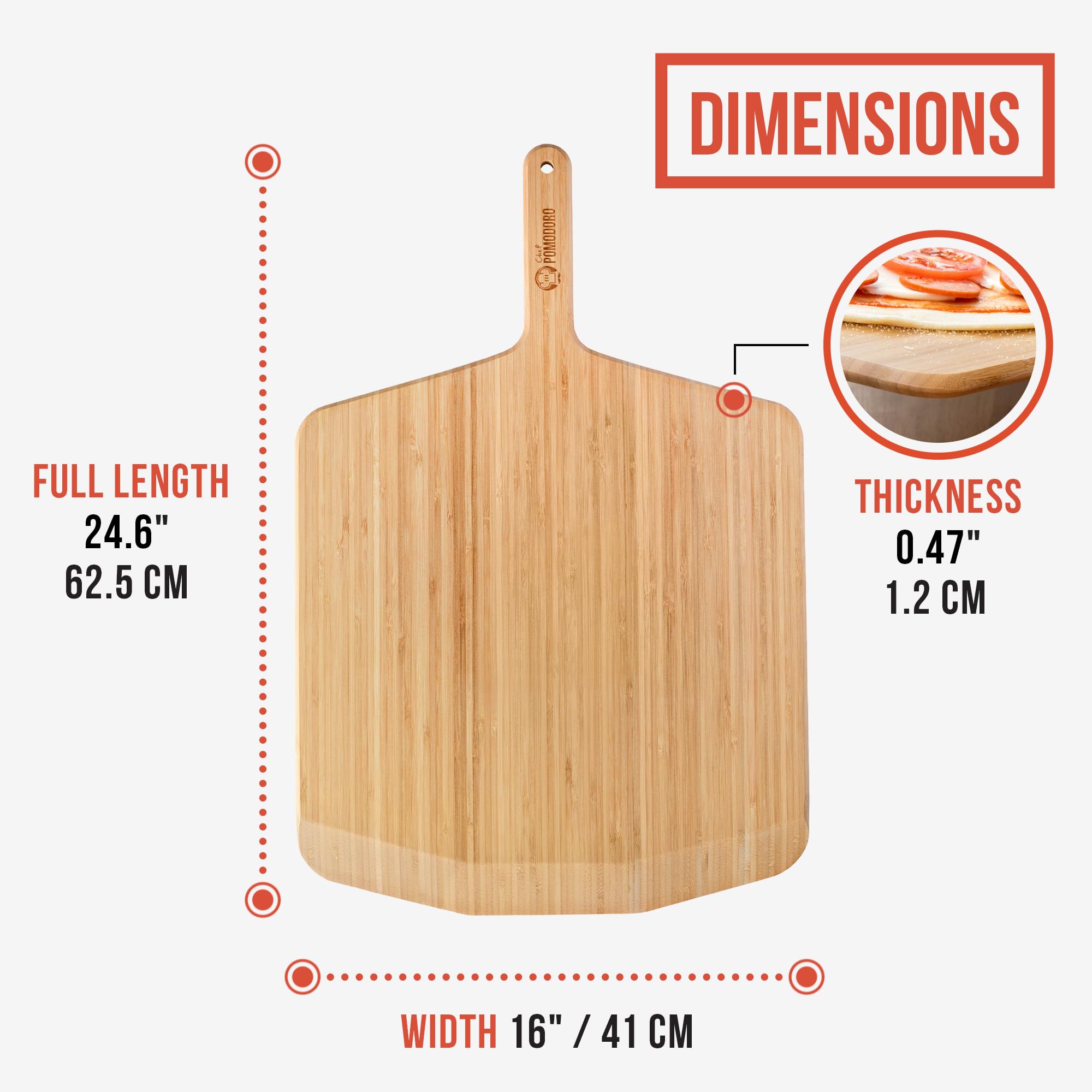 Chef Pomodoro 16-inch Bamboo Pizza Peel | Wooden Pizza Paddle with Handle