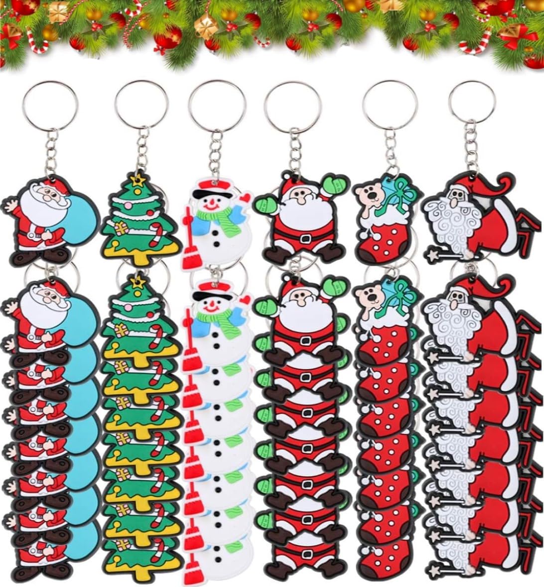 LATERN 120Pcs Christmas Keychains | 6 Cartoon Styles Rubber Keyrings