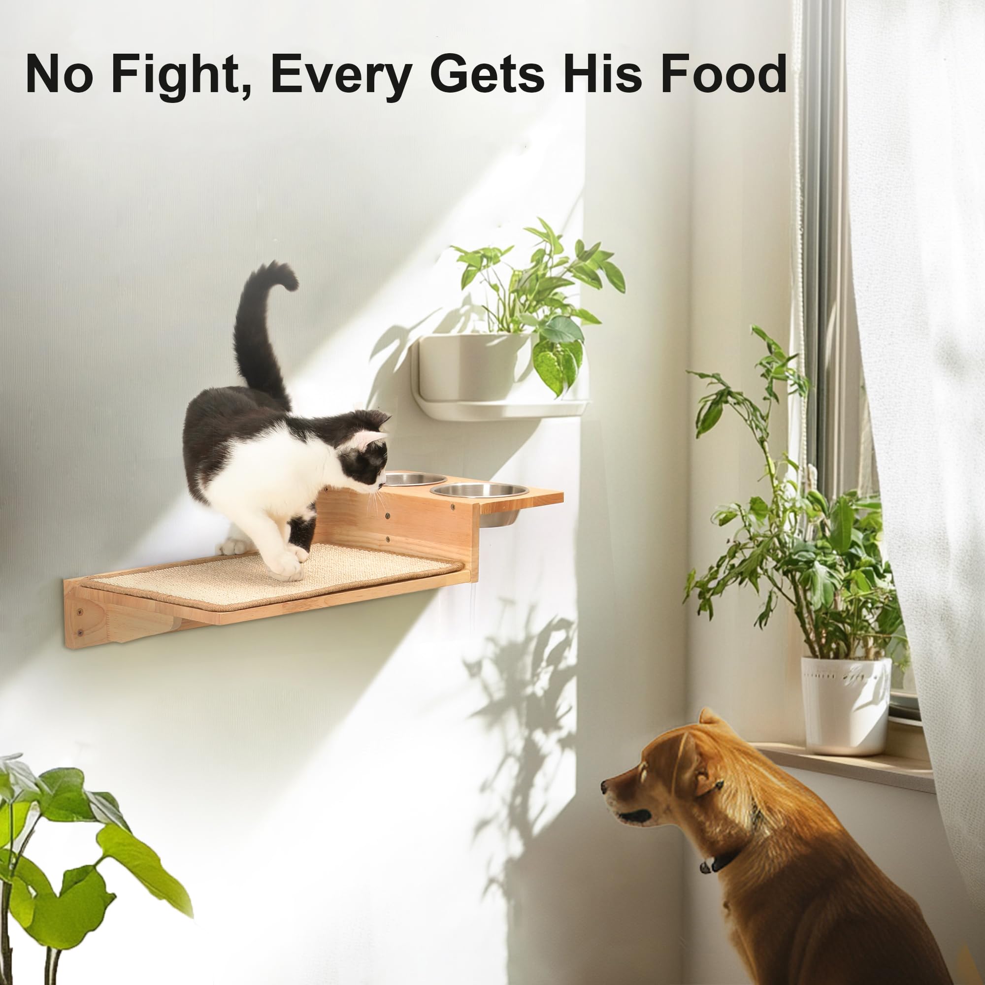 FUKUMARU 3-in-1 Cat Wall Shelves | Solid Wood Perch & Food Station Set