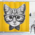 ABAKUHAUS Hipster Cat Fabric Shower Curtain – Grey & Mustard Bathroom Decor