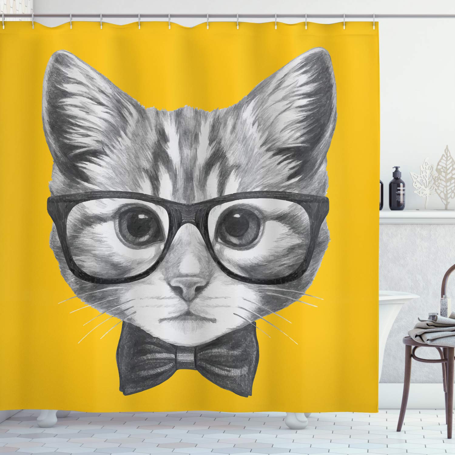 ABAKUHAUS Hipster Cat Fabric Shower Curtain – Grey & Mustard Bathroom Decor