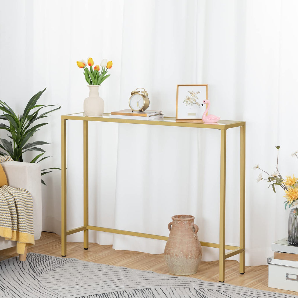 HOOBRO Gold Console Table | 100cm Slim Tempered Glass Hallway Table