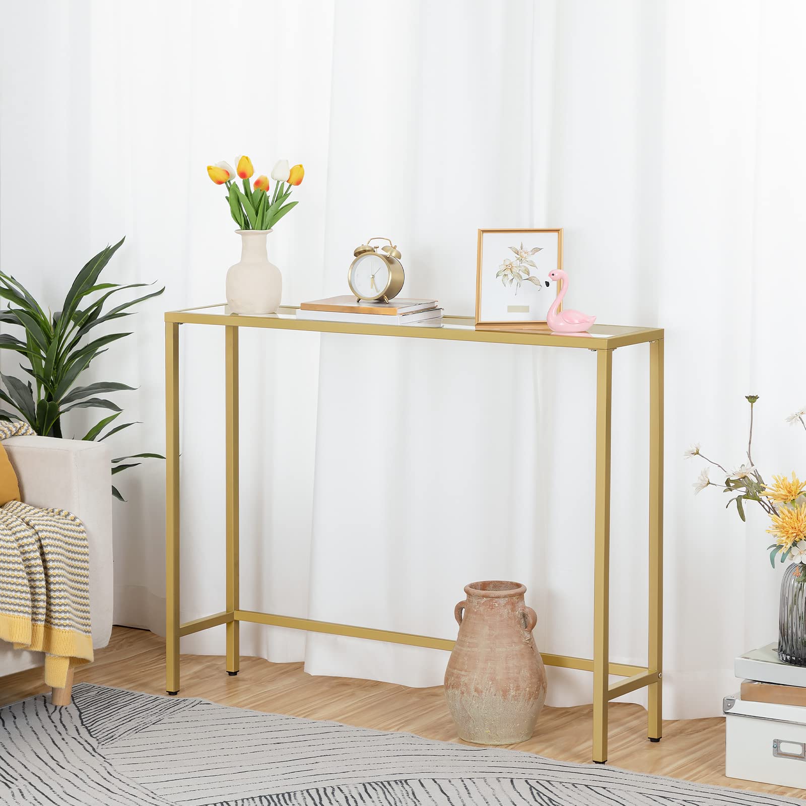 HOOBRO Gold Console Table | 100cm Slim Tempered Glass Hallway Table