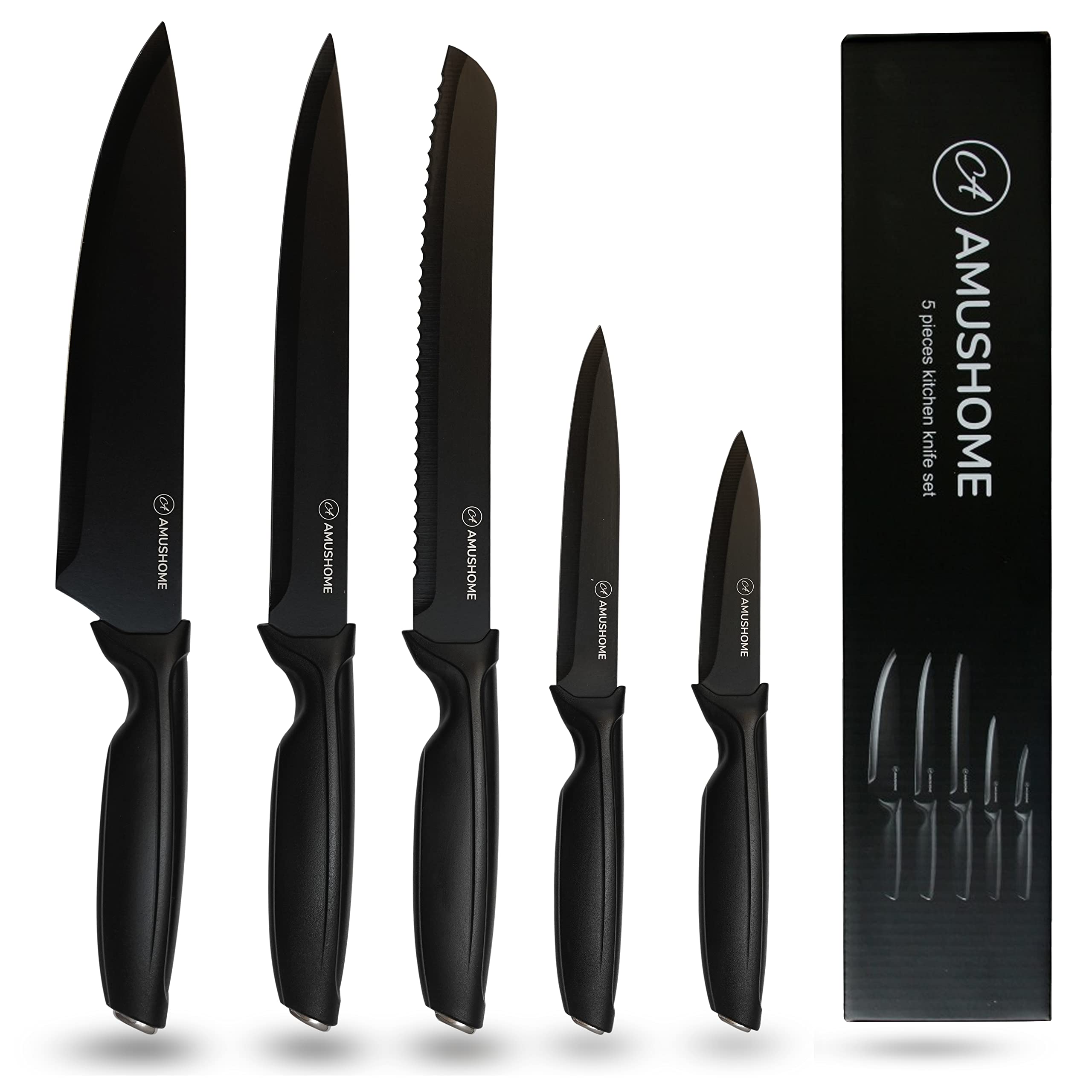AMUSHOME 5-Piece Stainless Steel Kitchen Knife Set with Ergonomic Handles