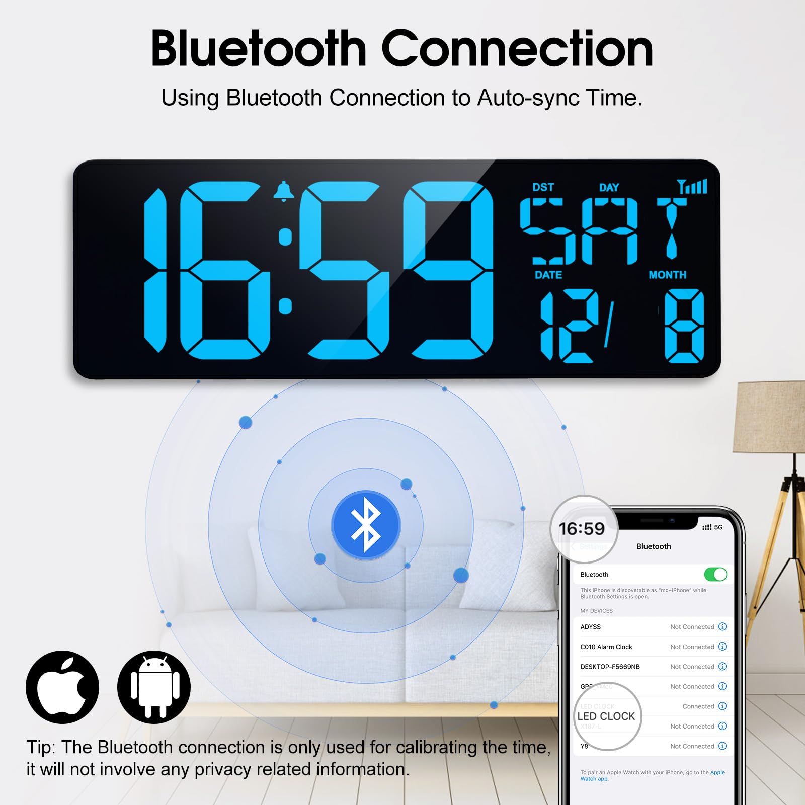 XREXS 17 Inch Large Digital Wall Clock | Bluetooth Auto-Sync LED Timer