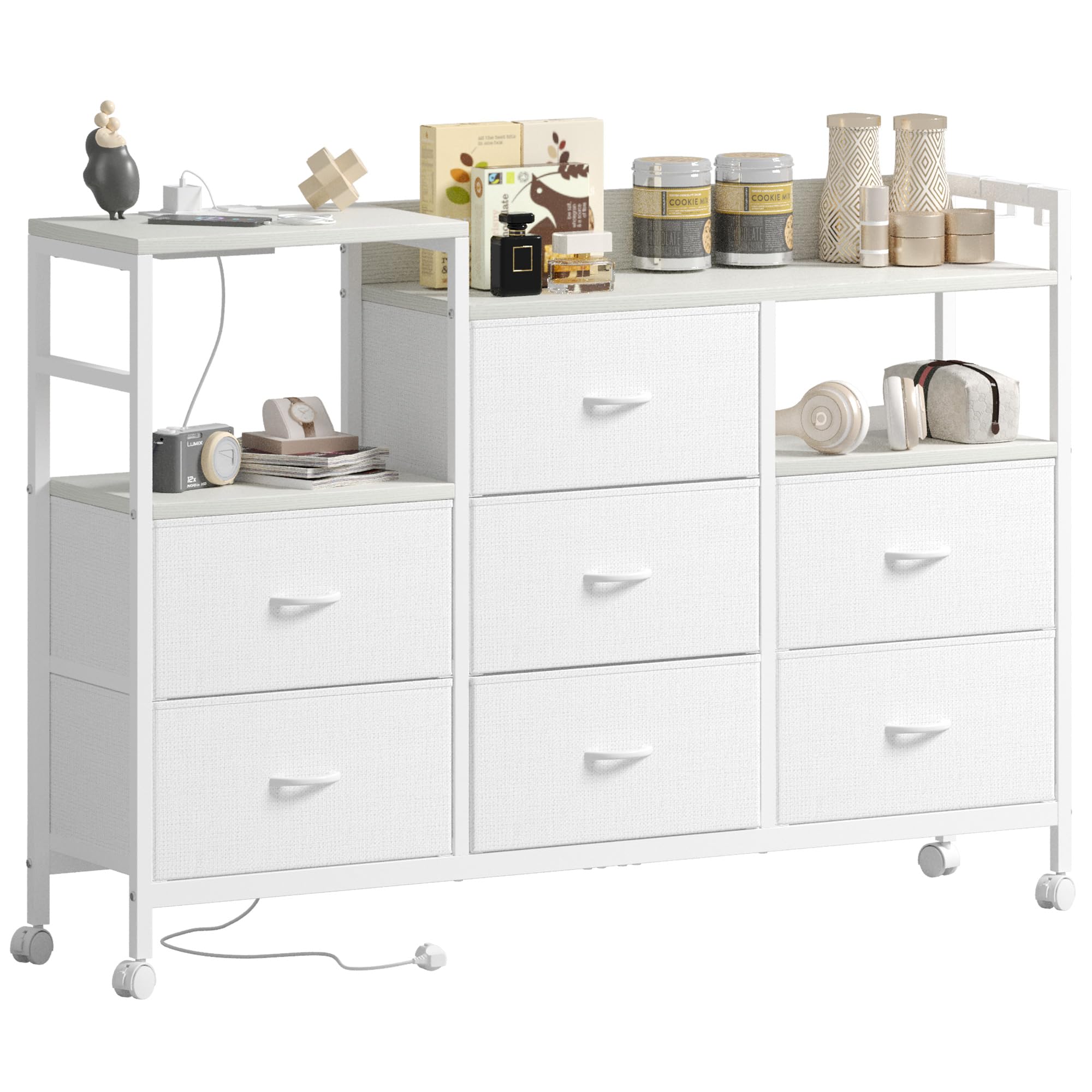 Lutown-Teen 7-Drawer Fabric Dresser with Charging Station and Wheels