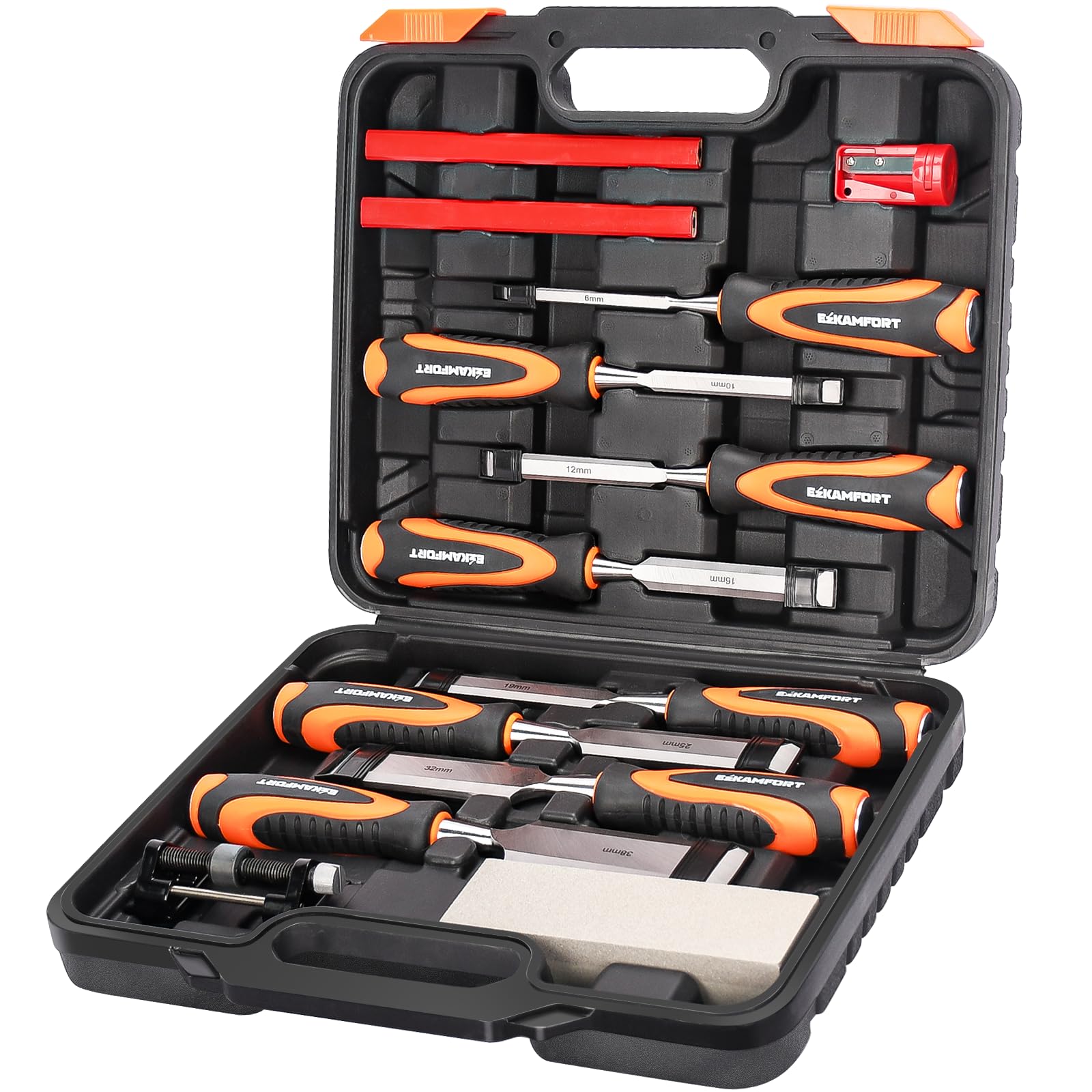 Ezkamfort 13-Piece Woodworking Chisel Set with Honing Guide & Stone