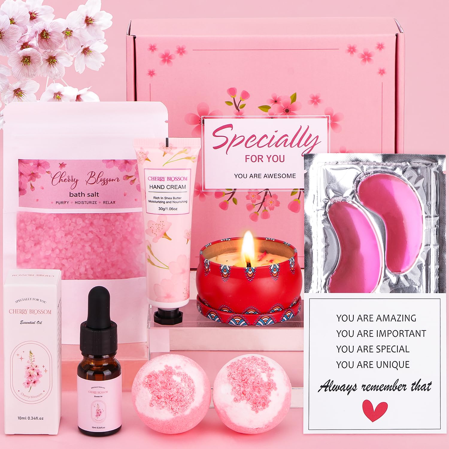 Jolof Store Cherry Blossom Spa Gift Set – 8 Piece Self Care Pamper Hamper