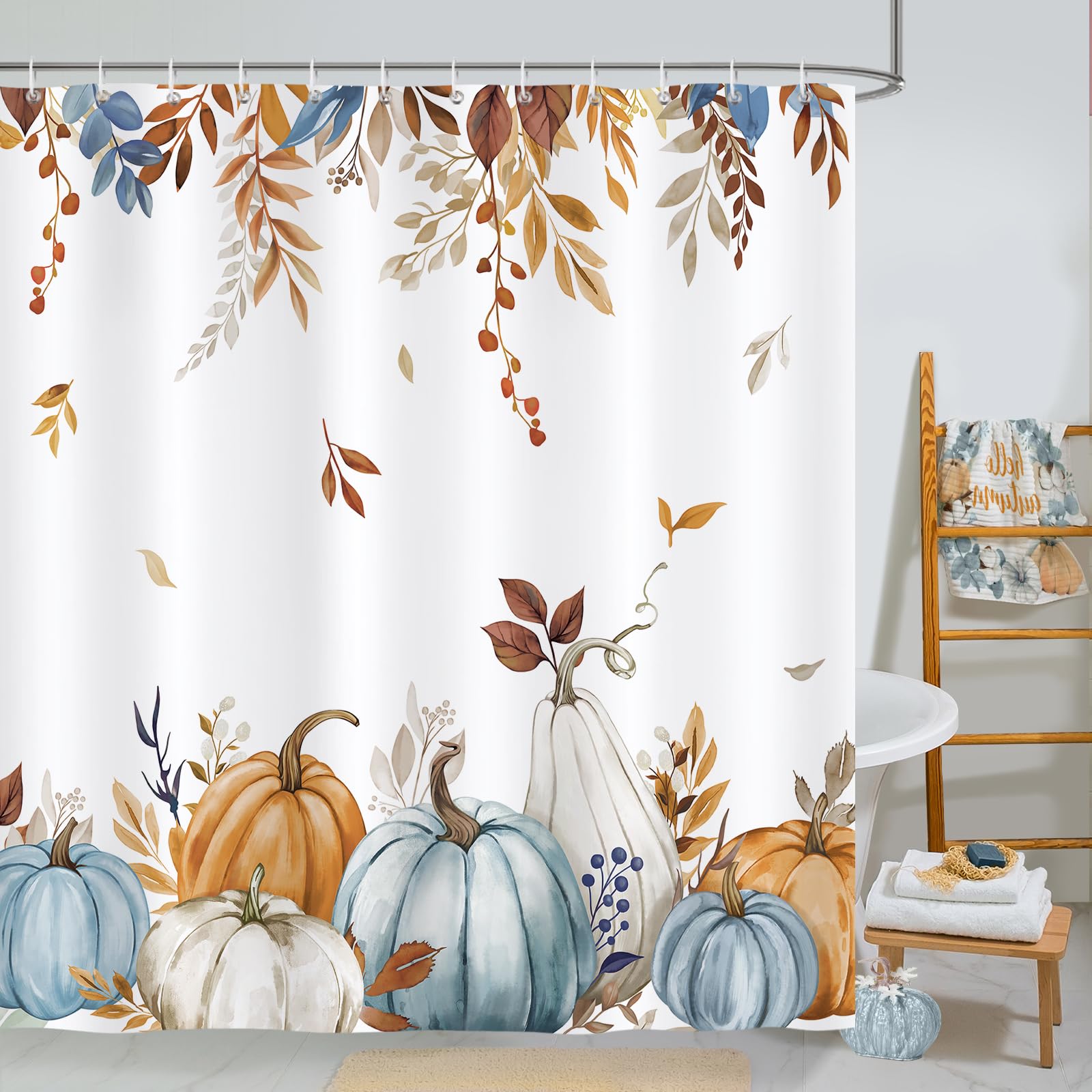 Bonhause Fall Pumpkin Shower Curtain | Blue Orange Autumn Leaves | 180x180cm