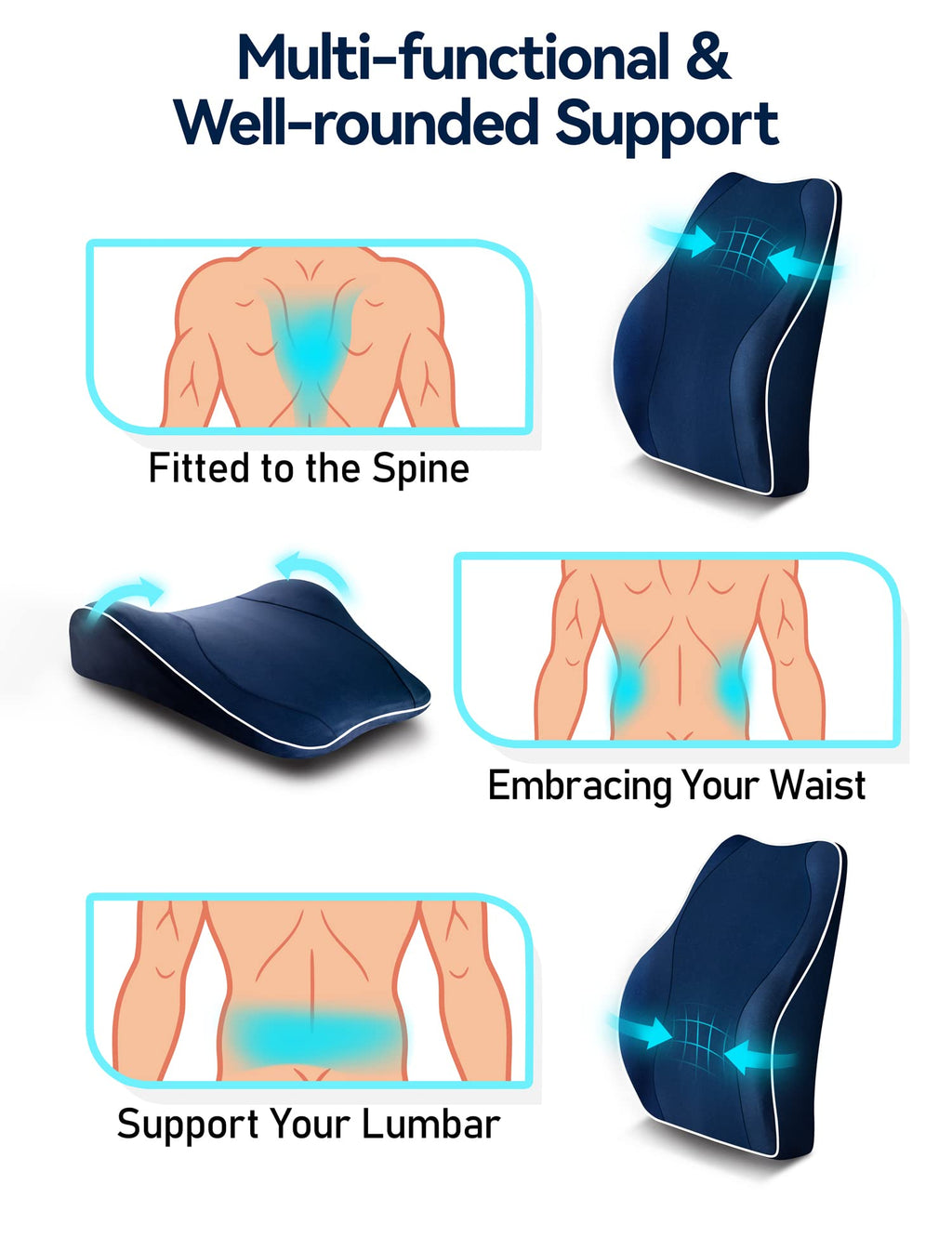 Travel Ease Memory Foam Lumbar Support Cushion for Office Chairs - Dark Blue