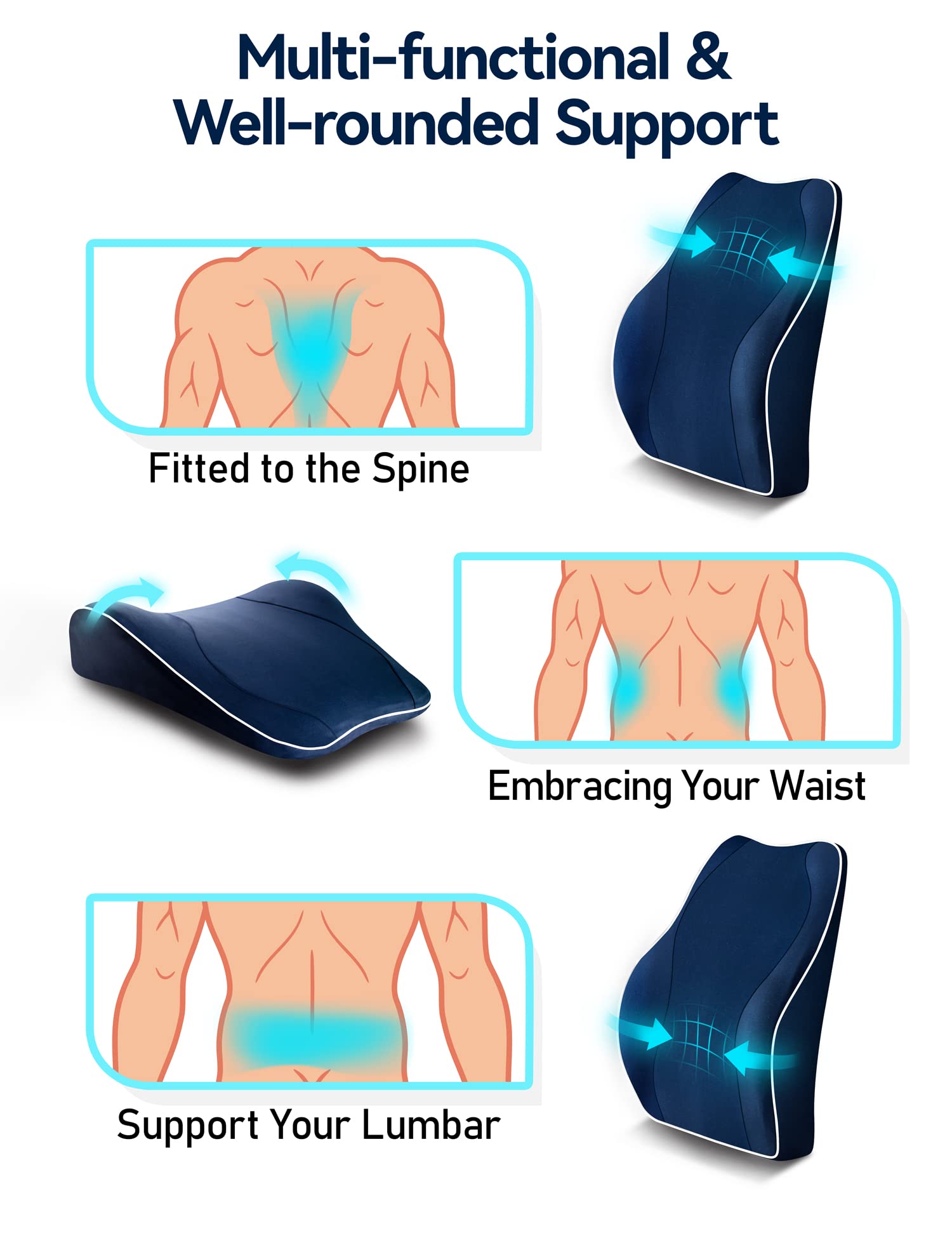 Travel Ease Memory Foam Lumbar Support Cushion for Office Chairs - Dark Blue
