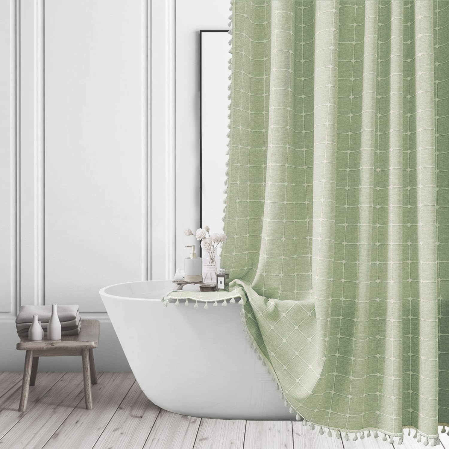Jolof Store Sage Green Boho Shower Curtain | Heavy Duty Linen with Tassels