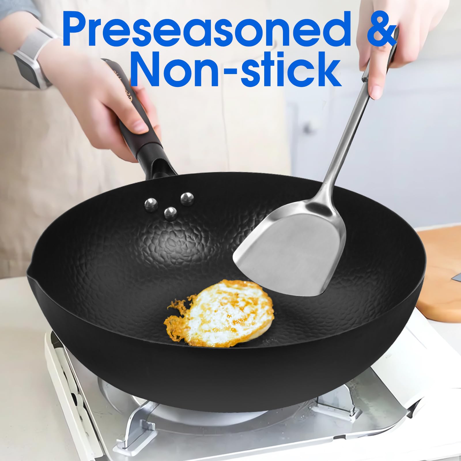 Souped Up Recipes 12.5 Inch Carbon Steel Wok with Lid and Spatula