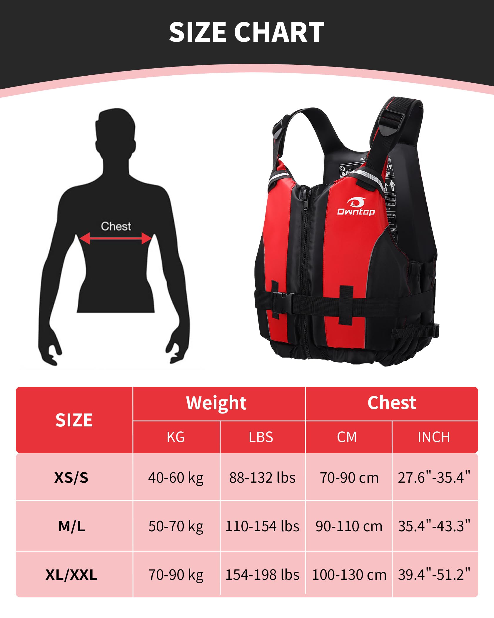 Owntop Buoyancy Aid Vest - Foam Safety Jacket for Kayaking & SUP - Red