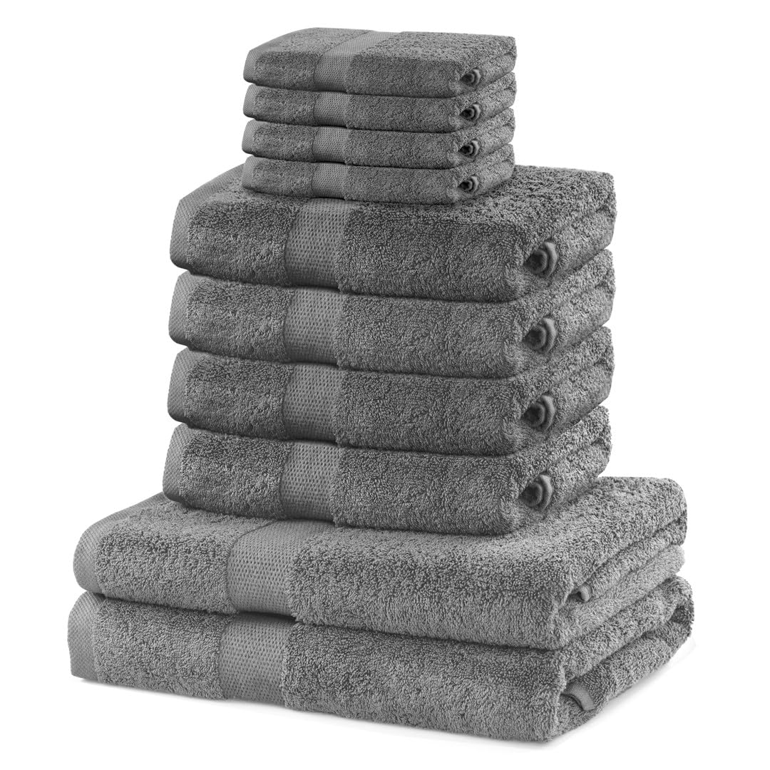 DecoKing 10-Piece Cotton Towel Set - 525g/m² Absorbent - Steel Grey