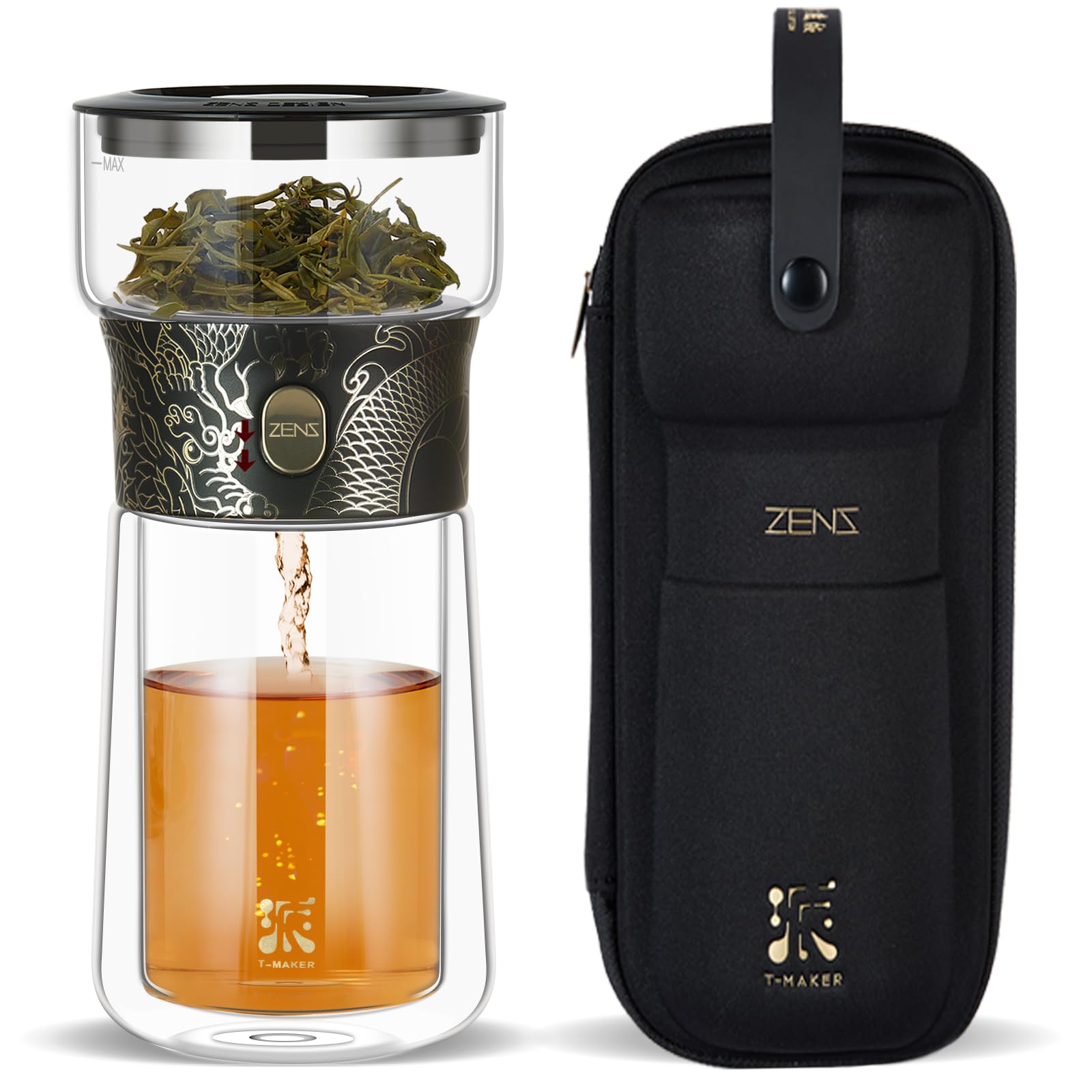 ZENS One Touch Glass Tea Maker | Portable Infuser Pot with Insulated Cup