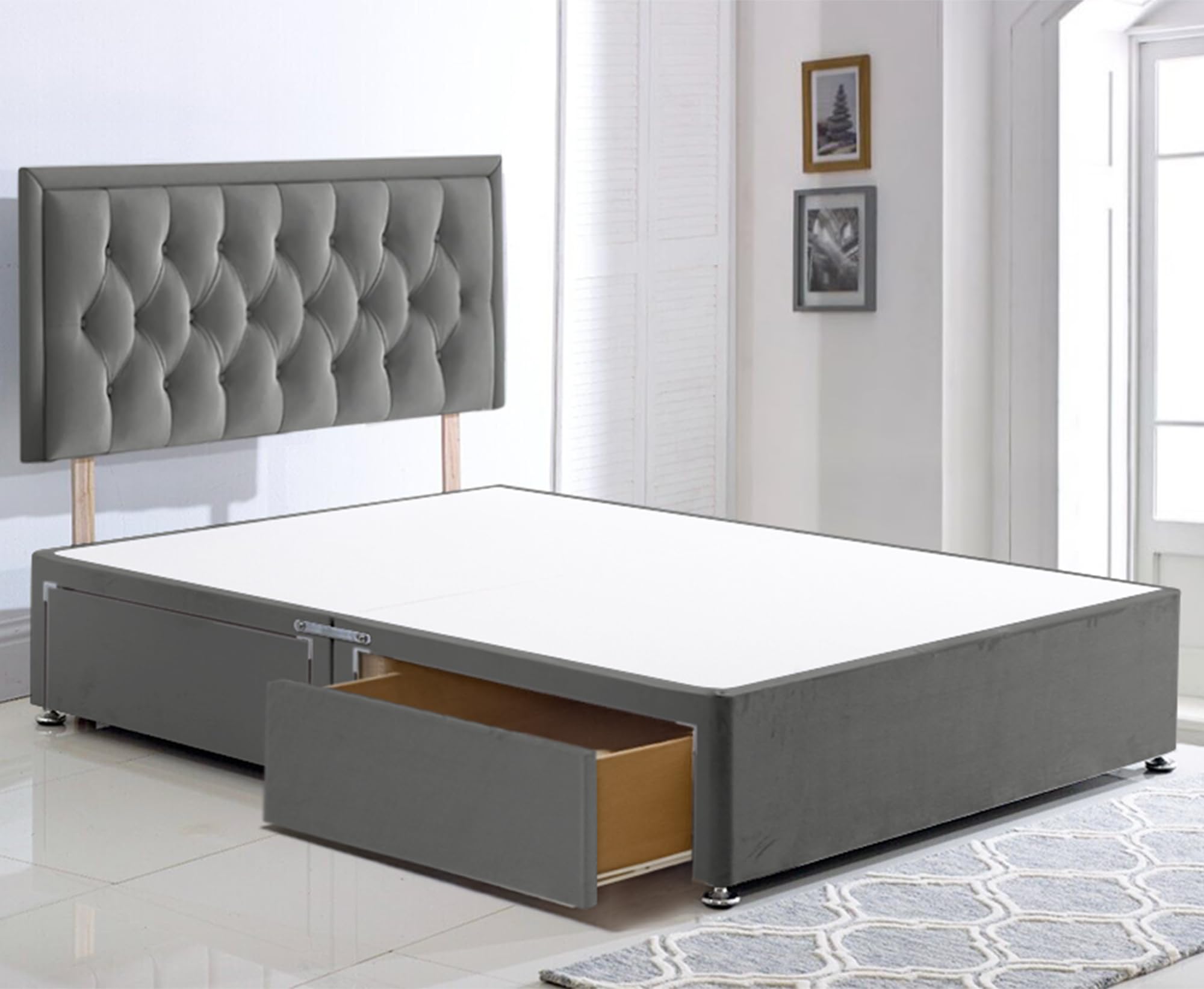 ComfoRest King Size Divan Bed – Grey Plush with 2 Drawers & Headboard