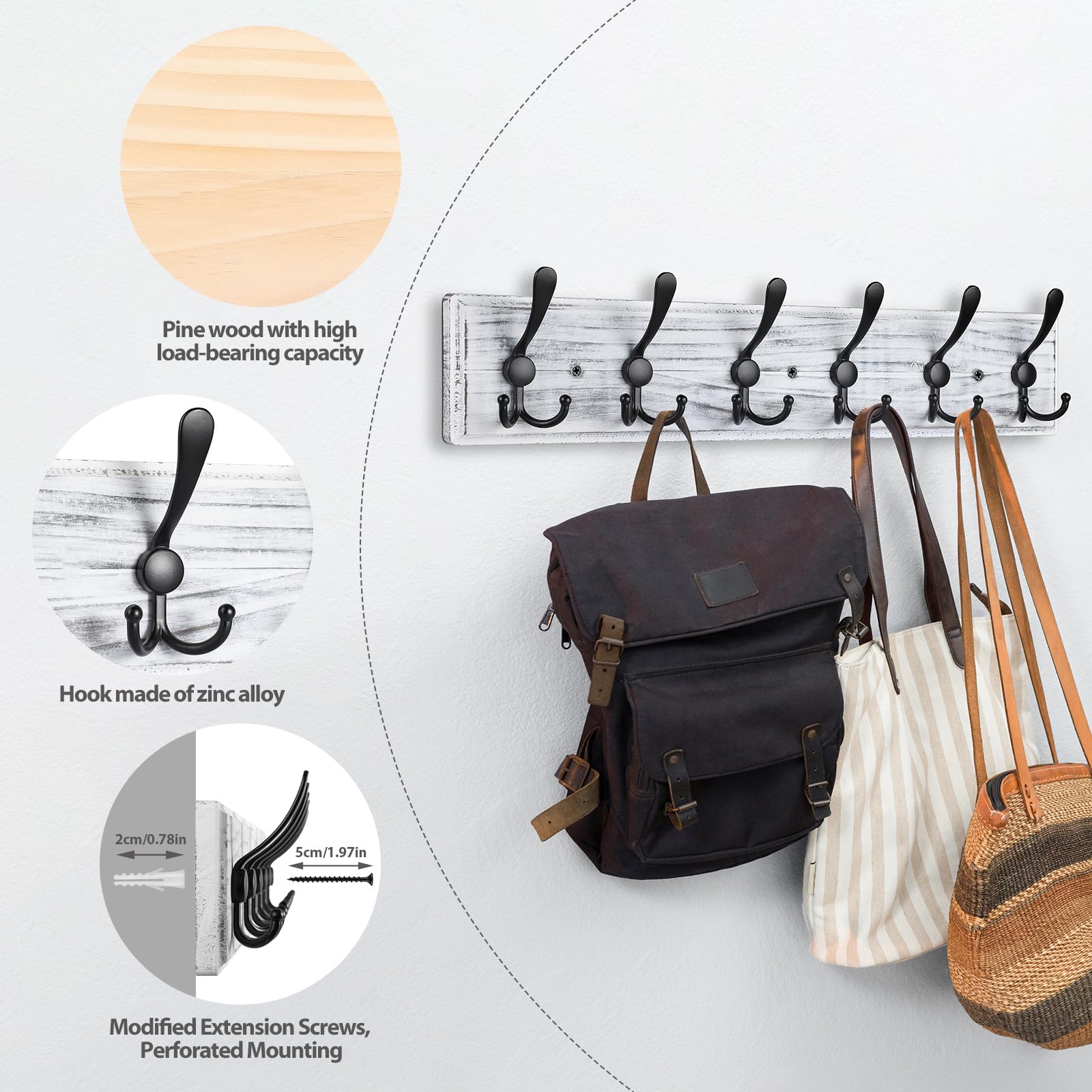 PHINGEER Wall Mounted Coat Rack – 6 Triple Hooks Heavy Duty Pine Wood