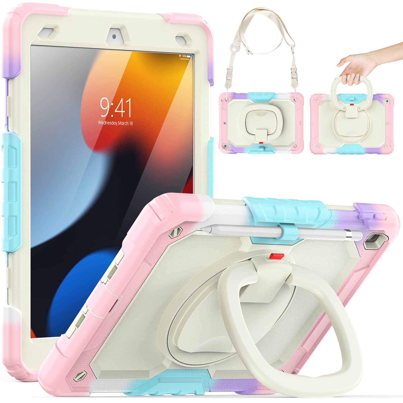 SEYMCY iPad 10.2 Case - Shockproof Kids Cover with Stand & Strap, Pink