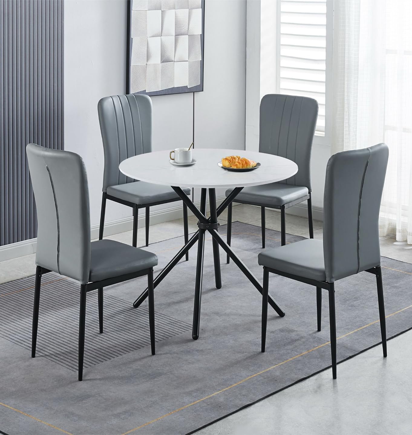 Hallowood Furniture Round Marble Dining Table & 2 Grey Faux Leather Chairs