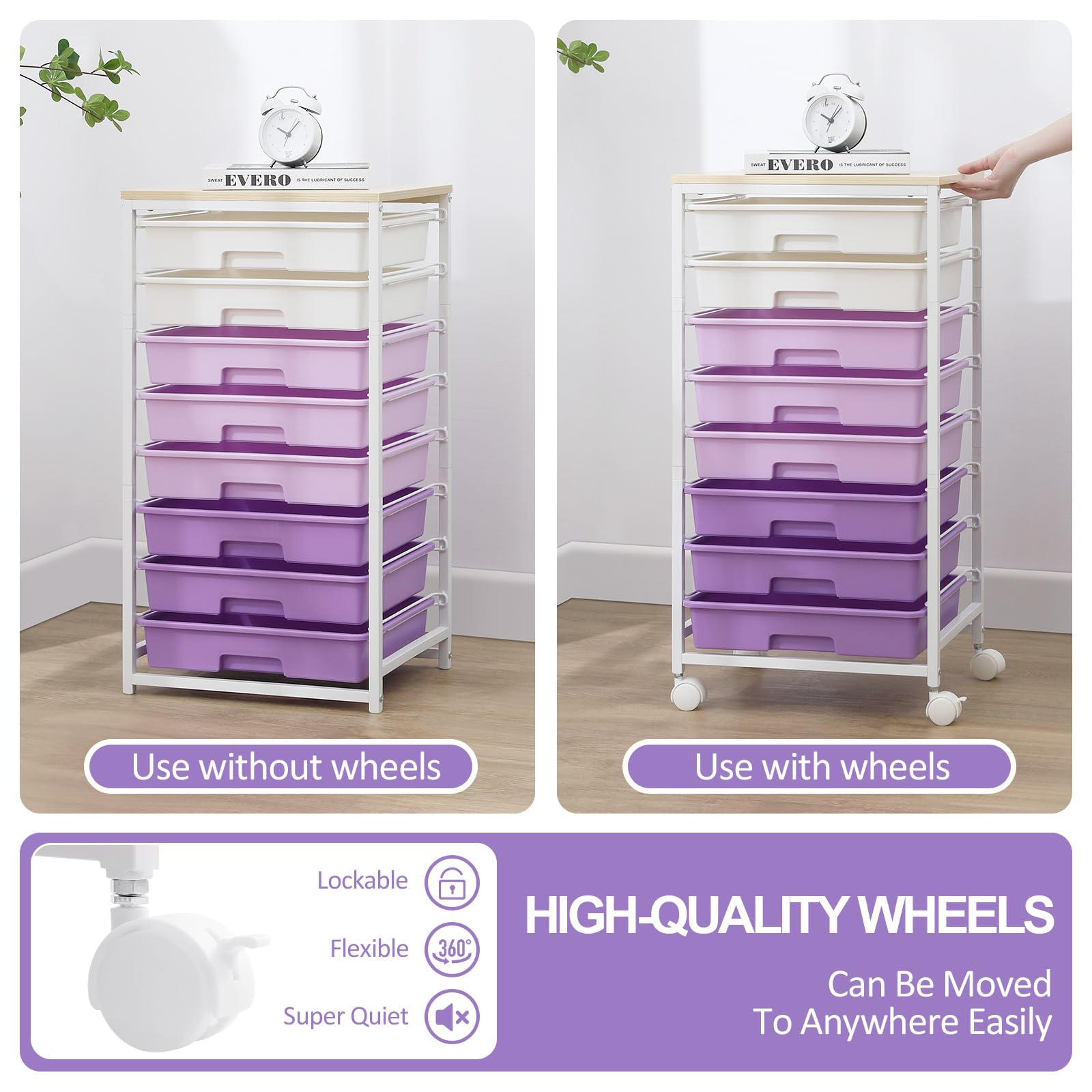 SYKIARIOL 8-Drawer Rolling Storage Trolley | Wooden Top Utility Cart