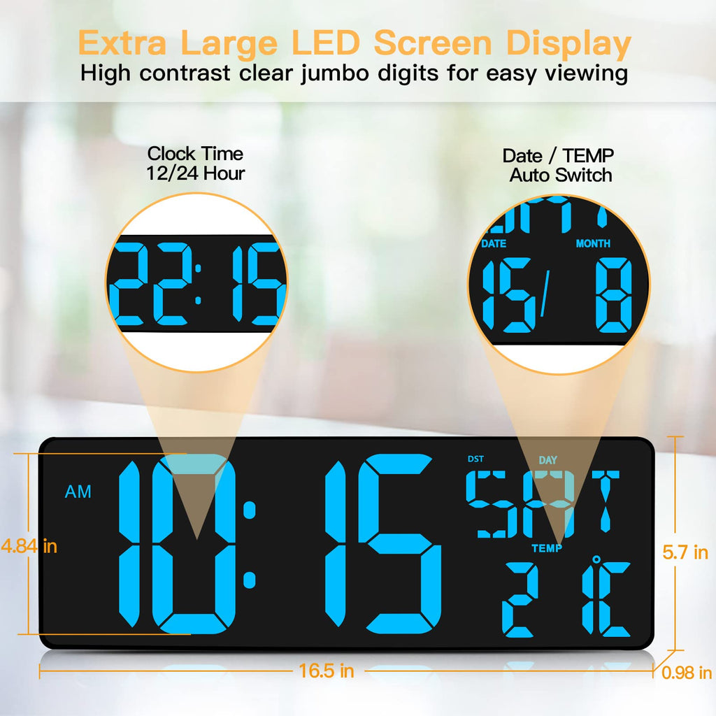 XREXS 16.5 Inch Digital Wall Clock | LED Large Display with Remote Control