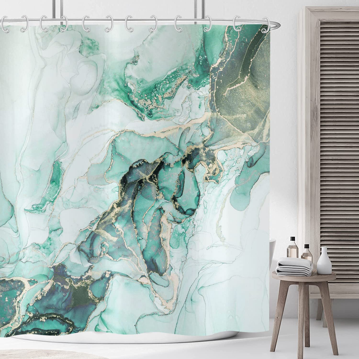 Marble Shower Curtain – Turquoise & Gold Fabric 180x200cm