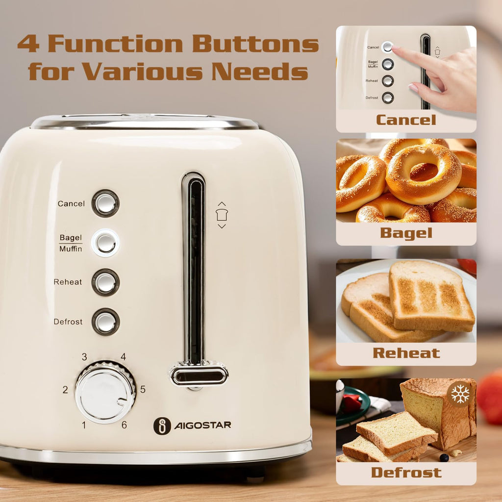 Aigostar 2-Slice Retro Toaster | Wide Slot Stainless Steel – Cream White