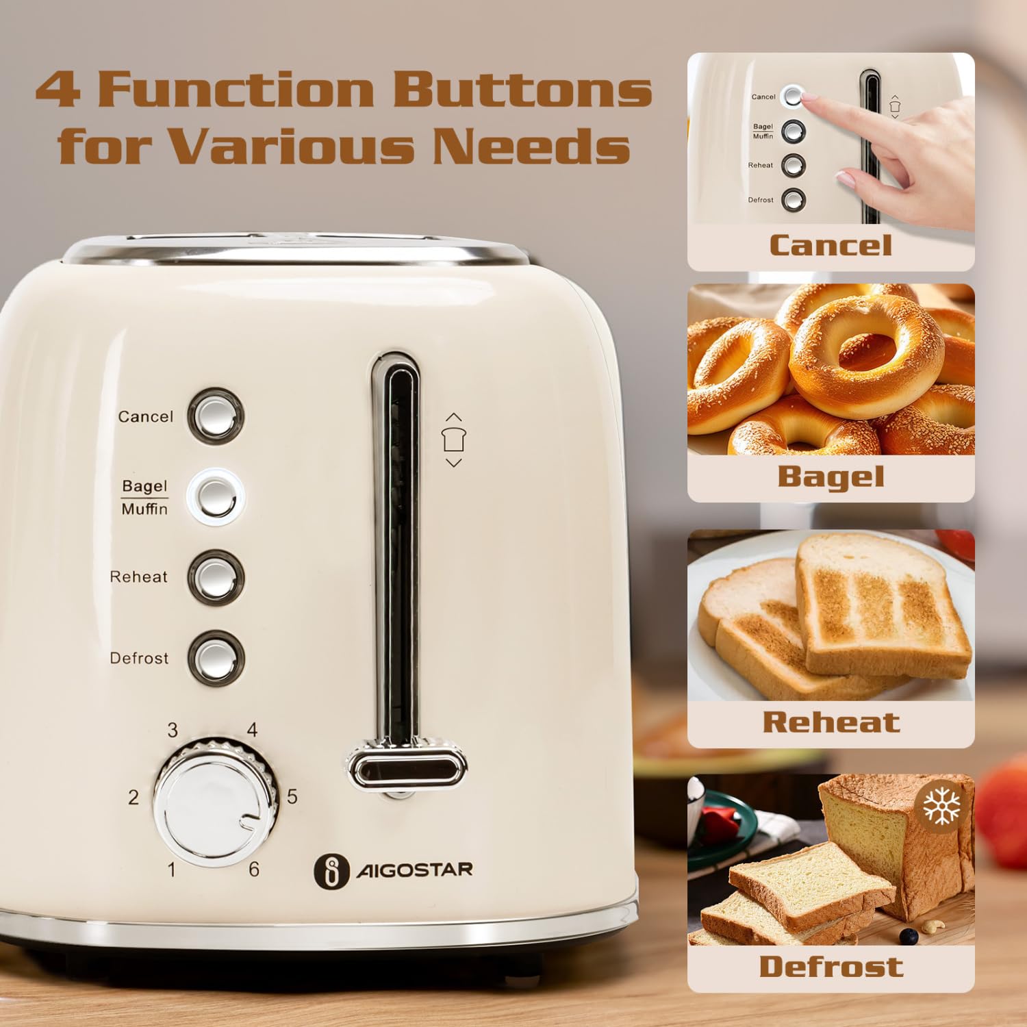 Aigostar 2-Slice Retro Toaster | Wide Slot Stainless Steel – Cream White