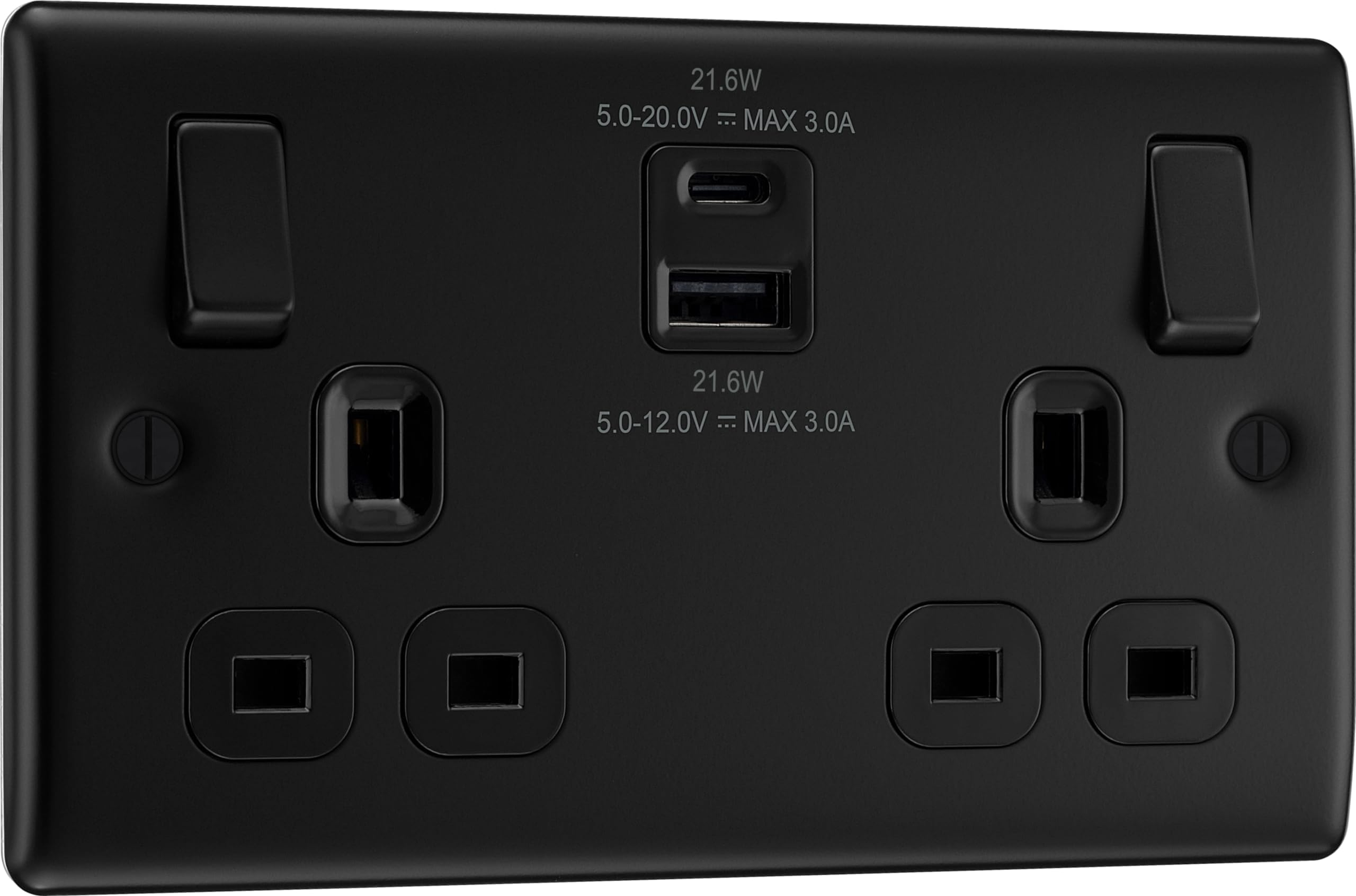 BG Electrical Double Switched Wall Socket | Matt Black Metal USB A & C