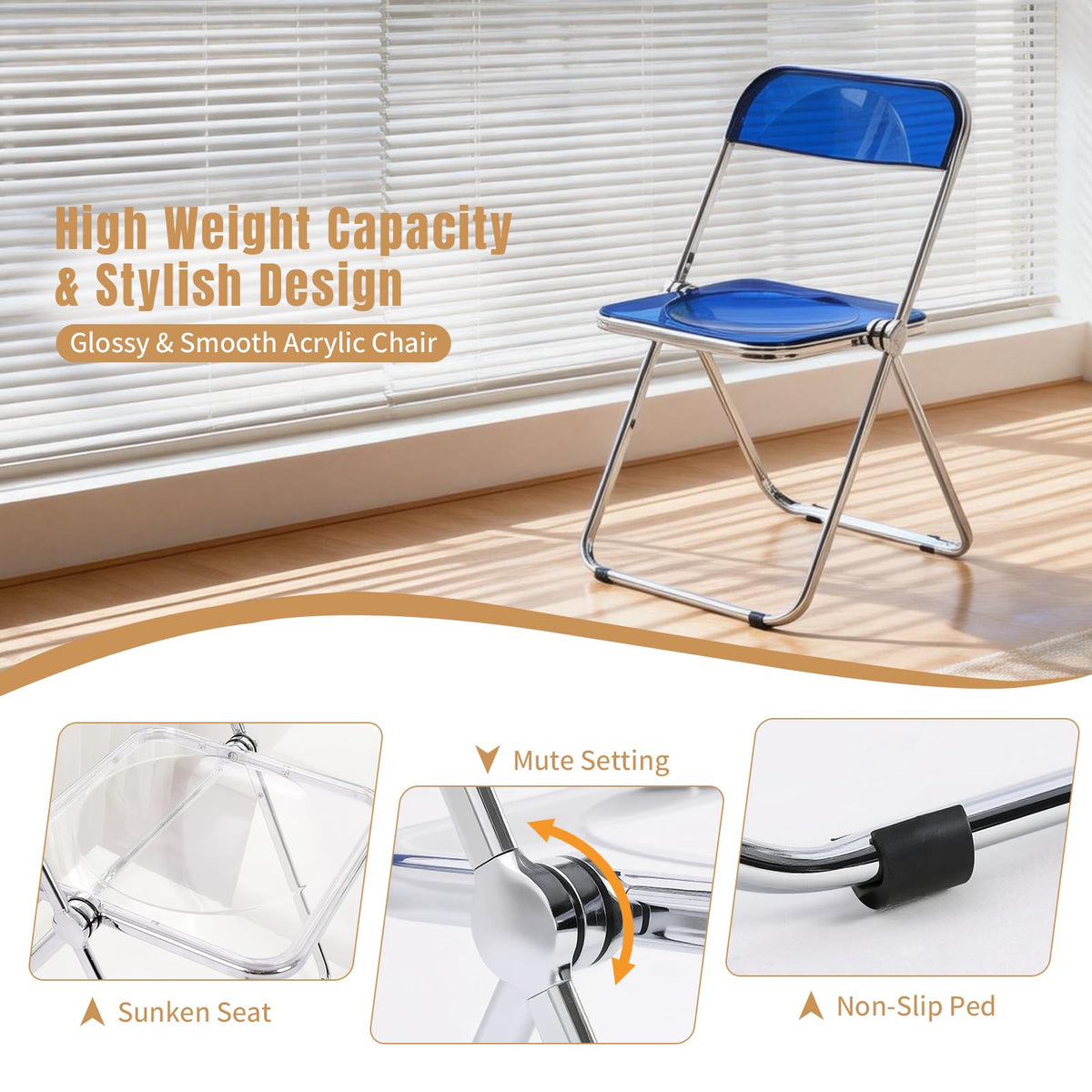 TAO ONE Acrylic Folding Chair Clear Morden Chrome Chair-Blue - image 3