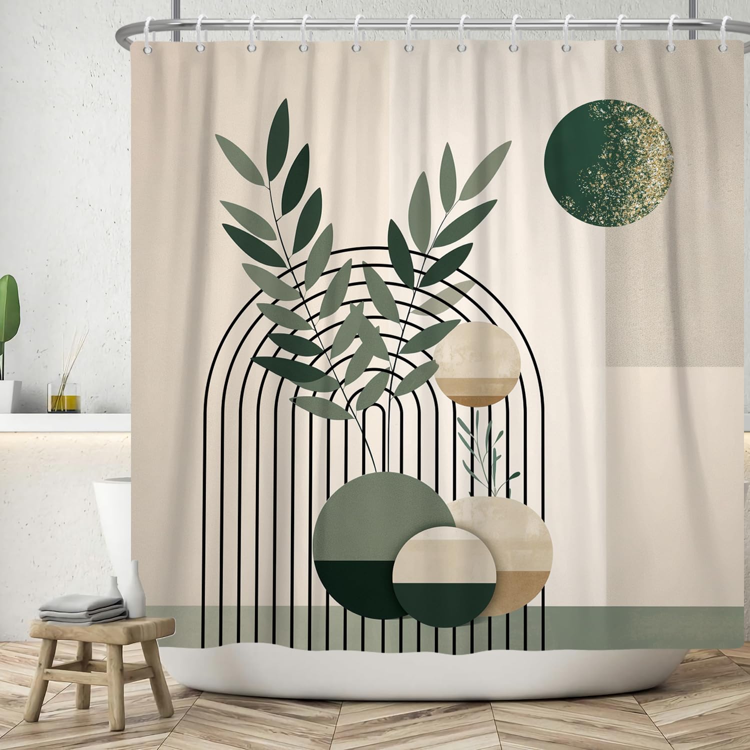 Boho Shower Curtain | Modern Abstract Sun & Leaves Polyester