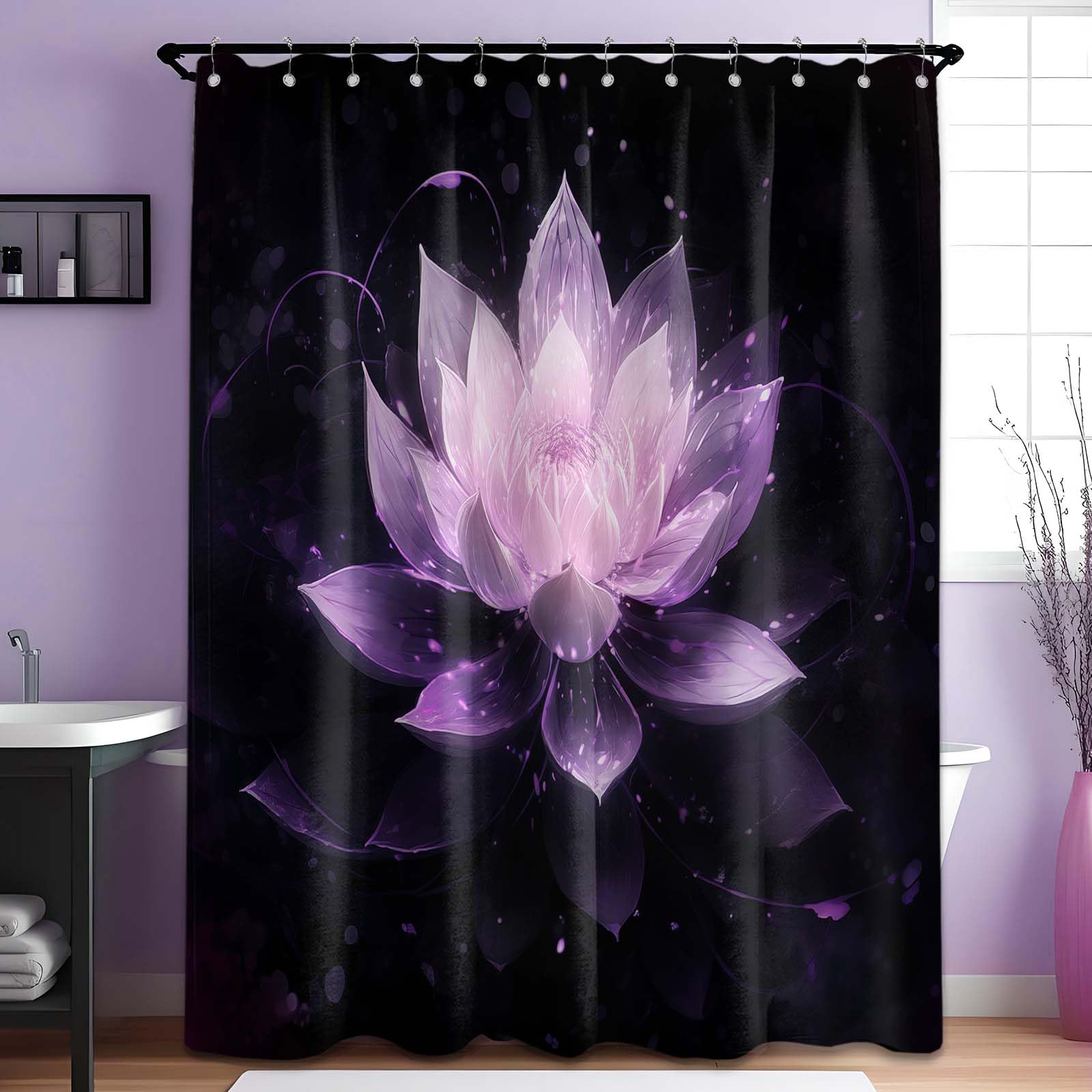 LanZanthic Lotus Shower Curtain – Black & Purple Floral Zen Fabric, 180x180