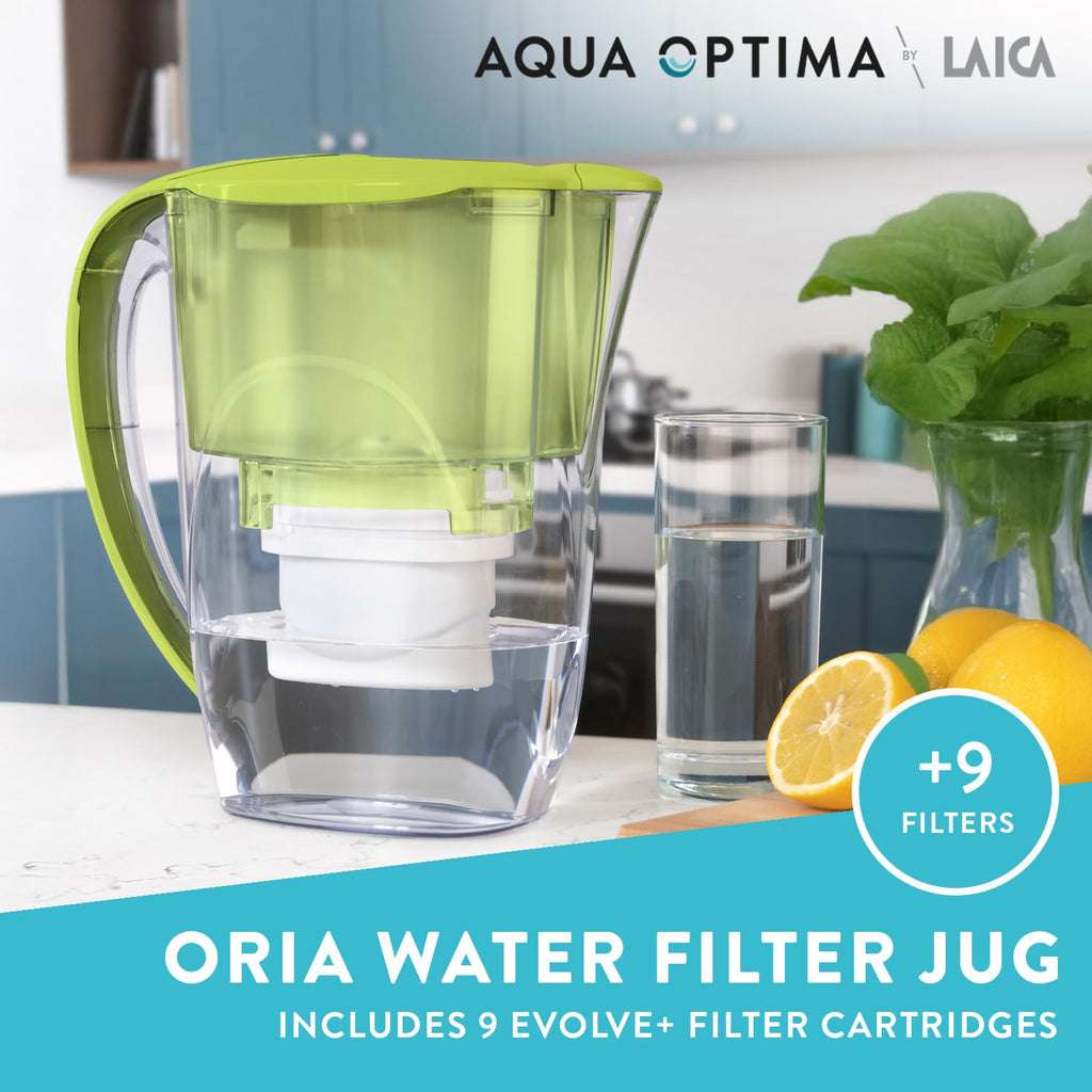 Aqua Optima Oria Water Filter Jug with 9 Evolve+ Cartridges, 2.8L - Green