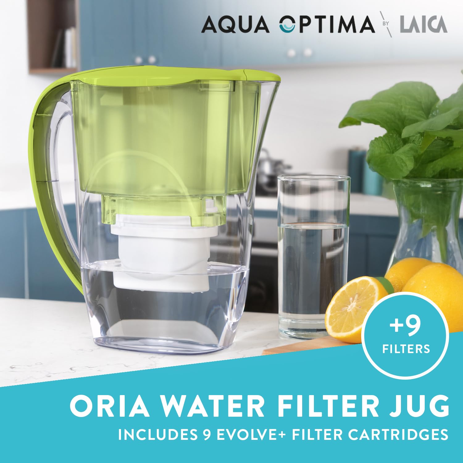 Aqua Optima Oria Water Filter Jug with 9 Evolve+ Cartridges, 2.8L - Green