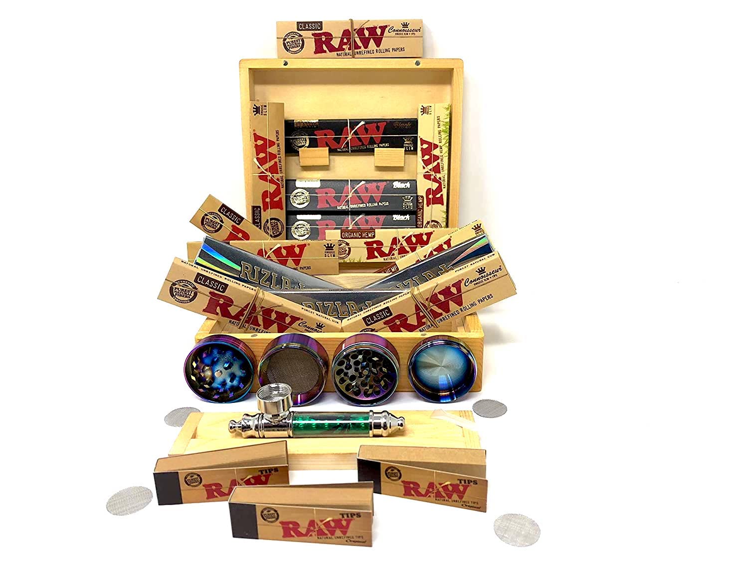 Rizla Wooden Rolling Box Gift Set with RAW Papers and Metal Grinder
