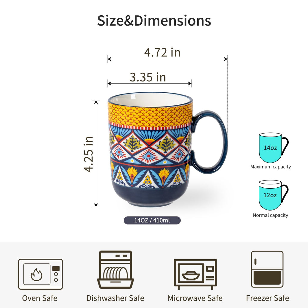 HENXFEN LEAD Bohemian Porcelain Coffee Mugs - 14oz Stackable Set of 6